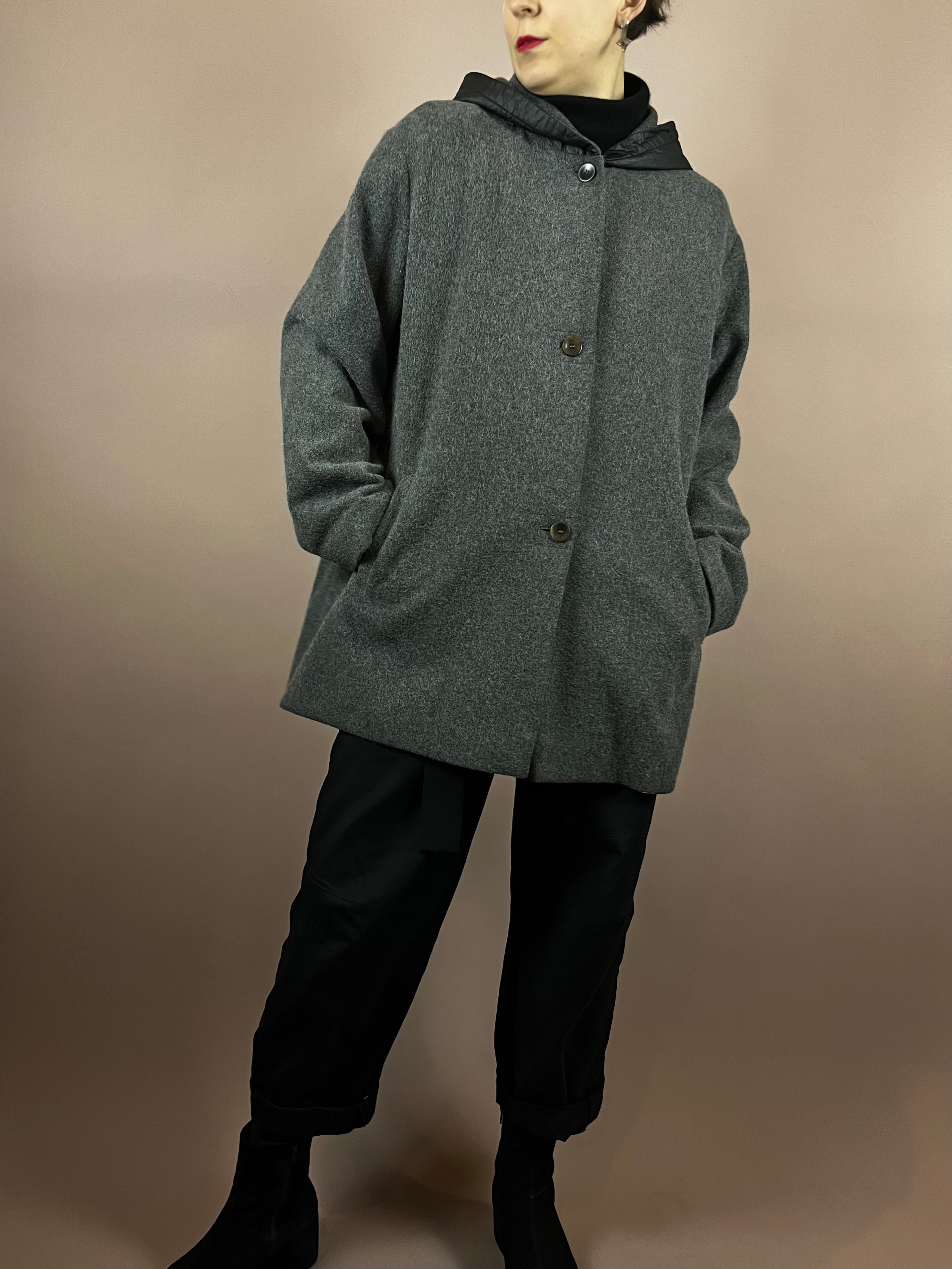 Coat Short Grey Black Hood Gr. 44