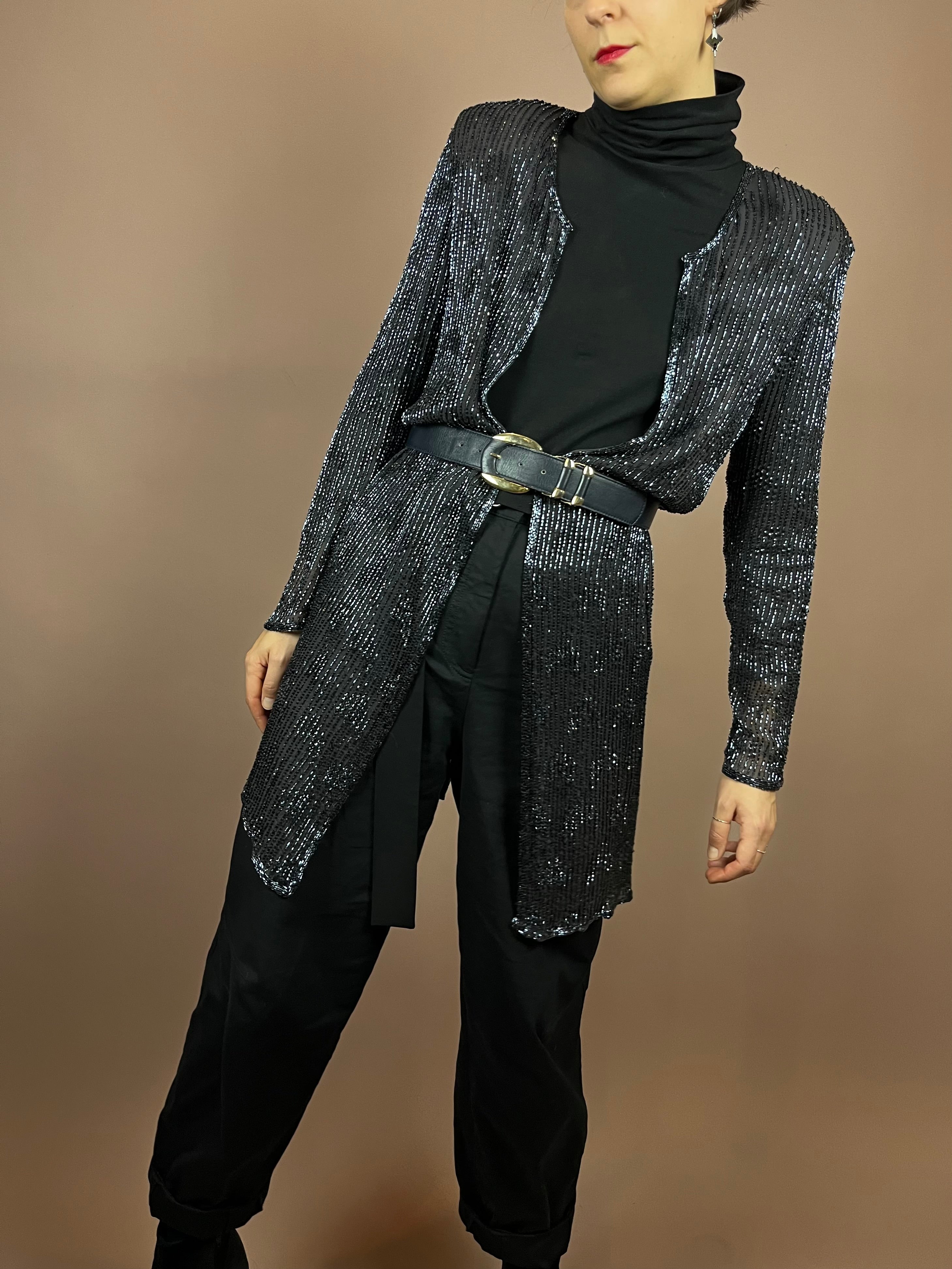 Cardigan Silk Grey Pearls Gr. 38