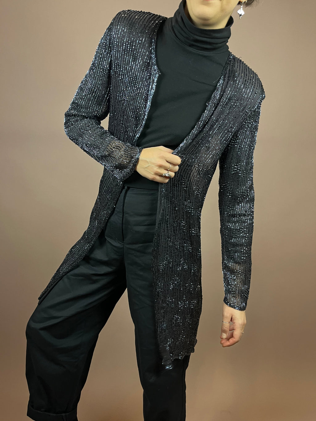 Cardigan Silk Grey Pearls Gr. 38