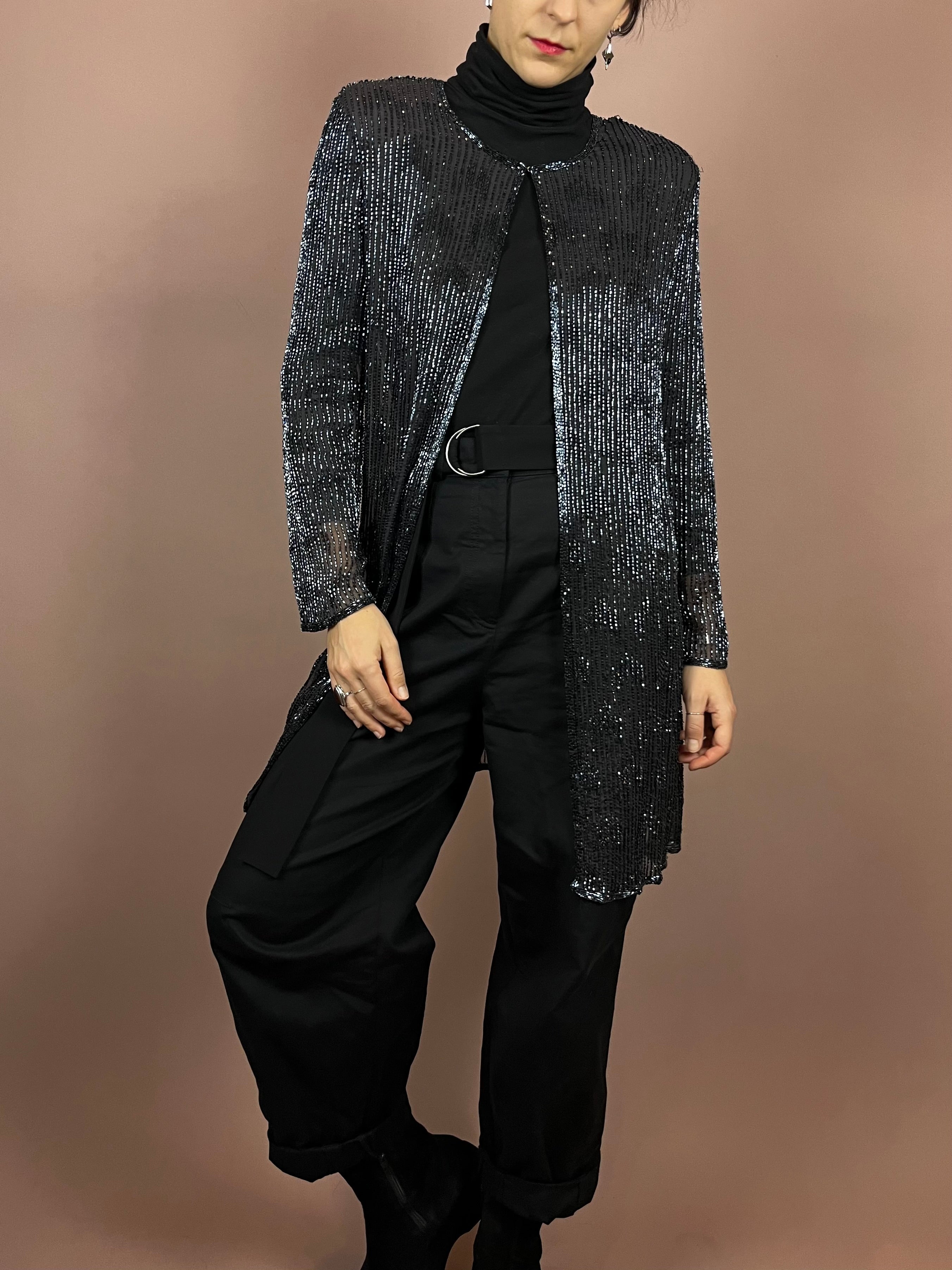 Cardigan Silk Grey Pearls Gr. 38