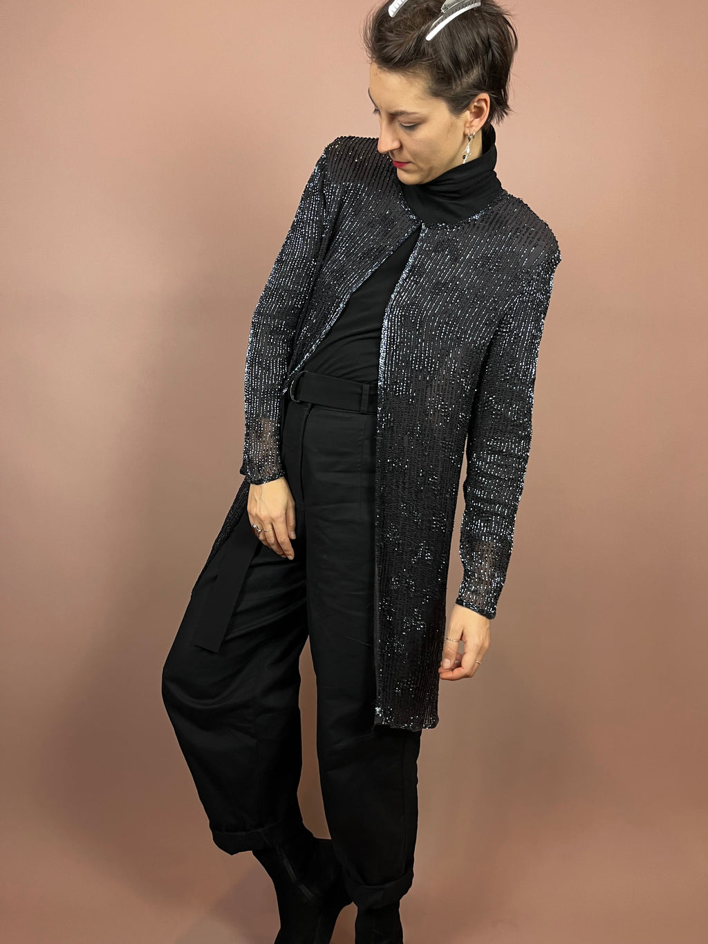 Cardigan Silk Grey Pearls Gr. 38