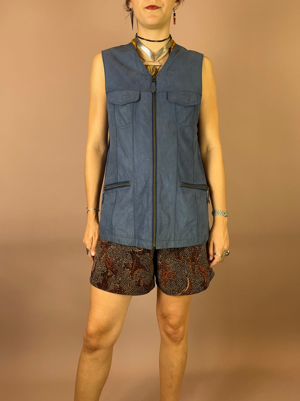 Lederweste Wildleder Blau Lang Gr. 38