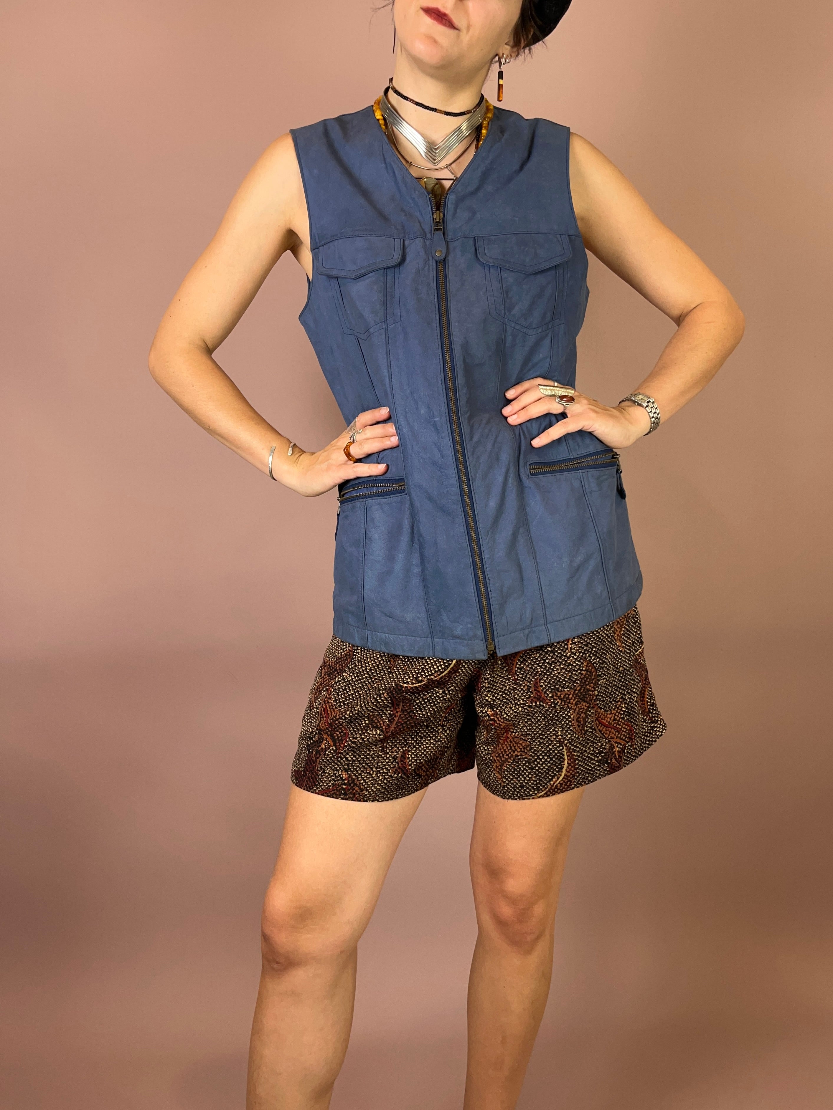 Lederweste Wildleder Blau Lang Gr. 38
