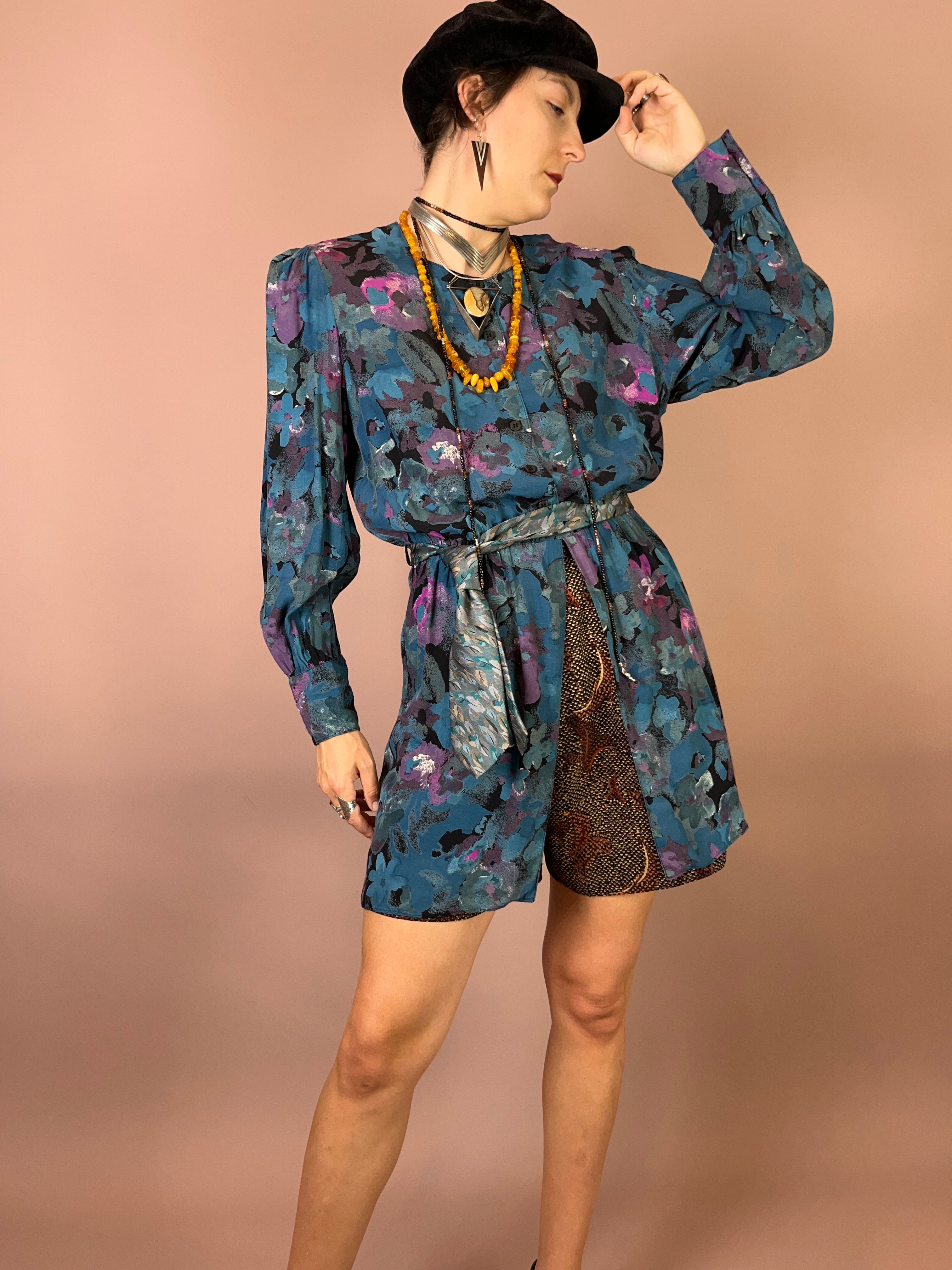 Viskosebluse Upcycling Petrol Blumen Puffärmel Gr. 38