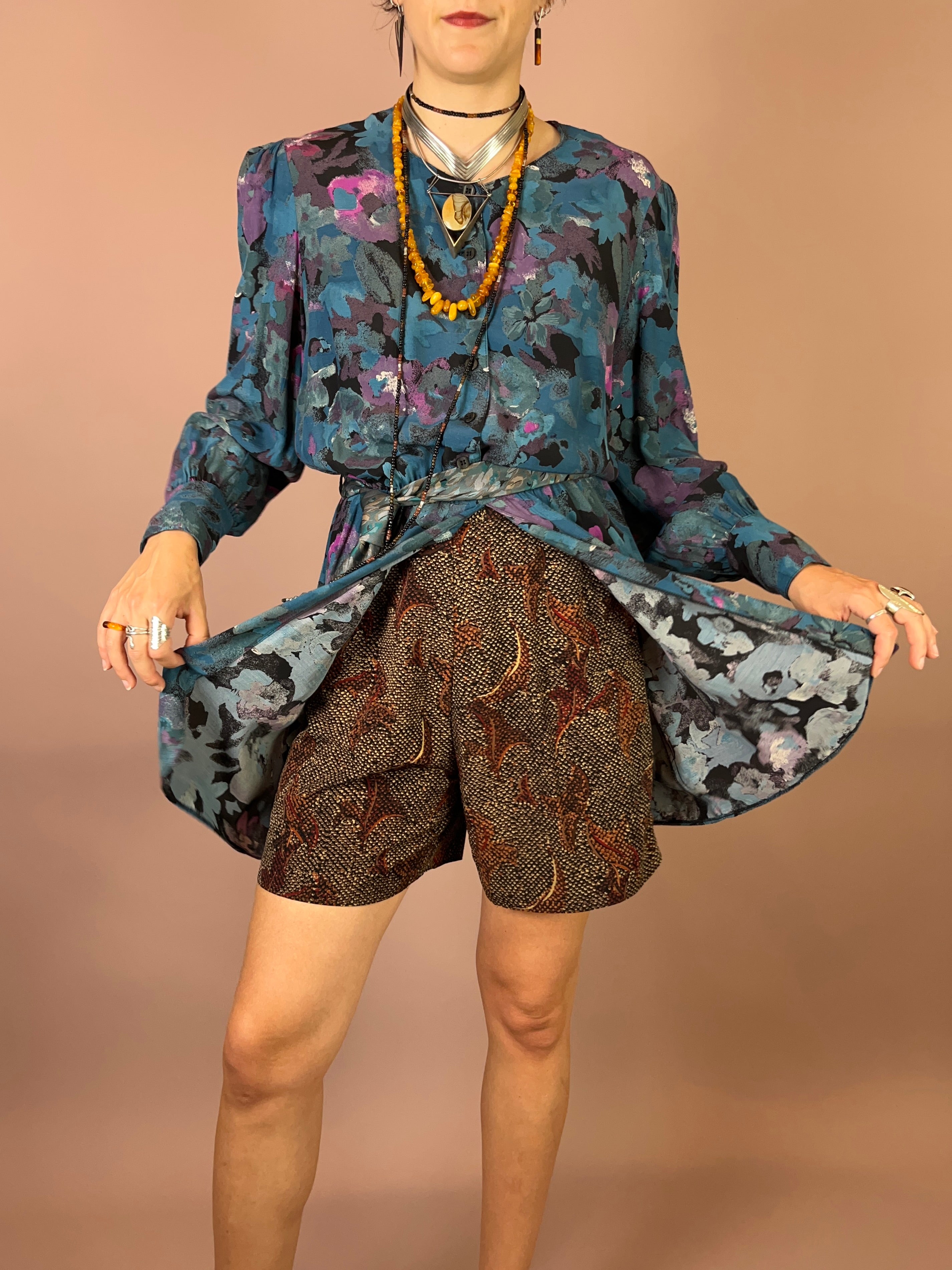 Viskosebluse Upcycling Petrol Blumen Puffärmel Gr. 38