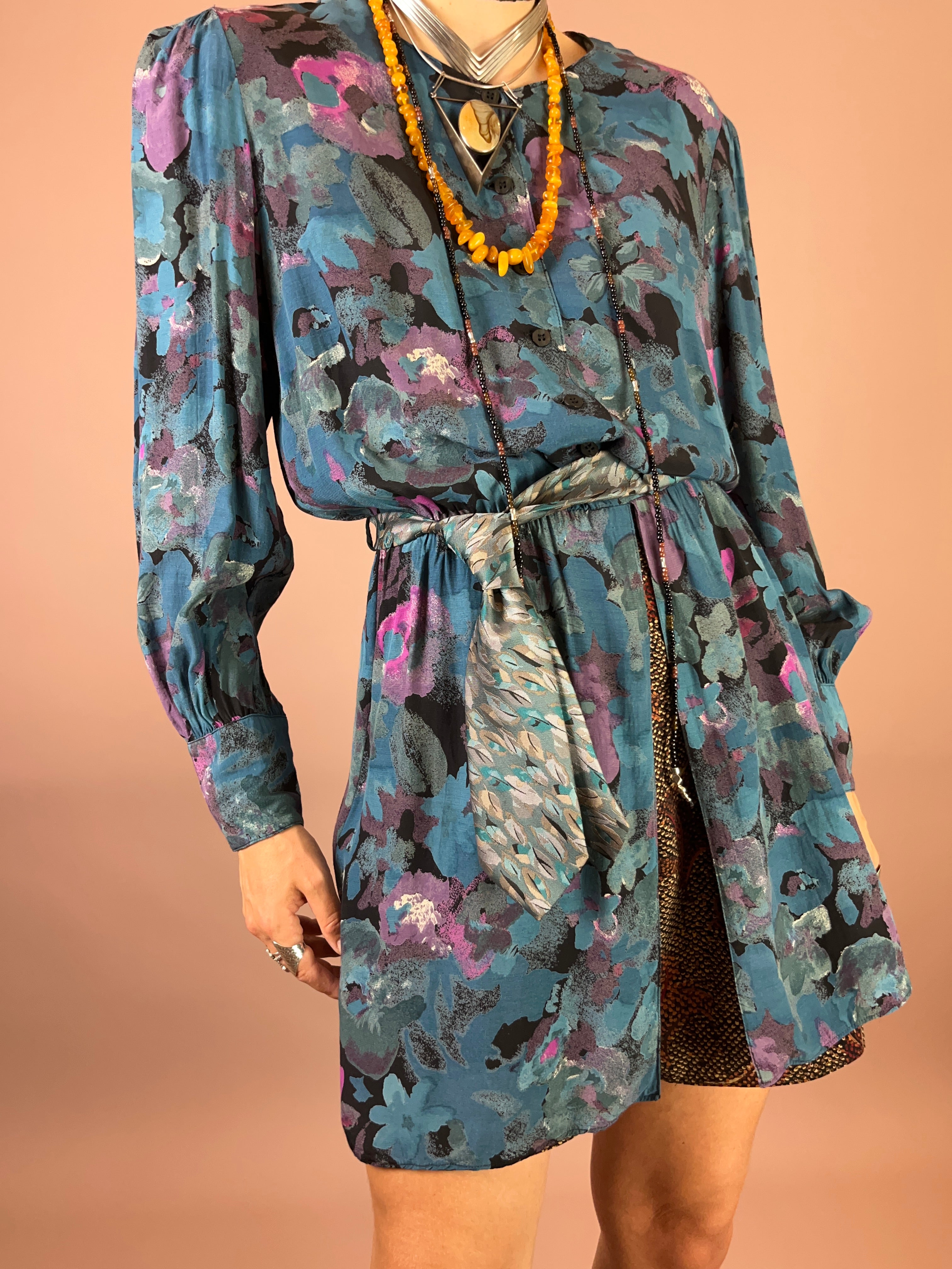 Viskosebluse Upcycling Petrol Blumen Puffärmel Gr. 38