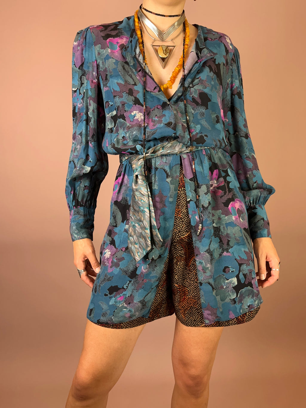 Viskosebluse Upcycling Petrol Blumen Puffärmel Gr. 38