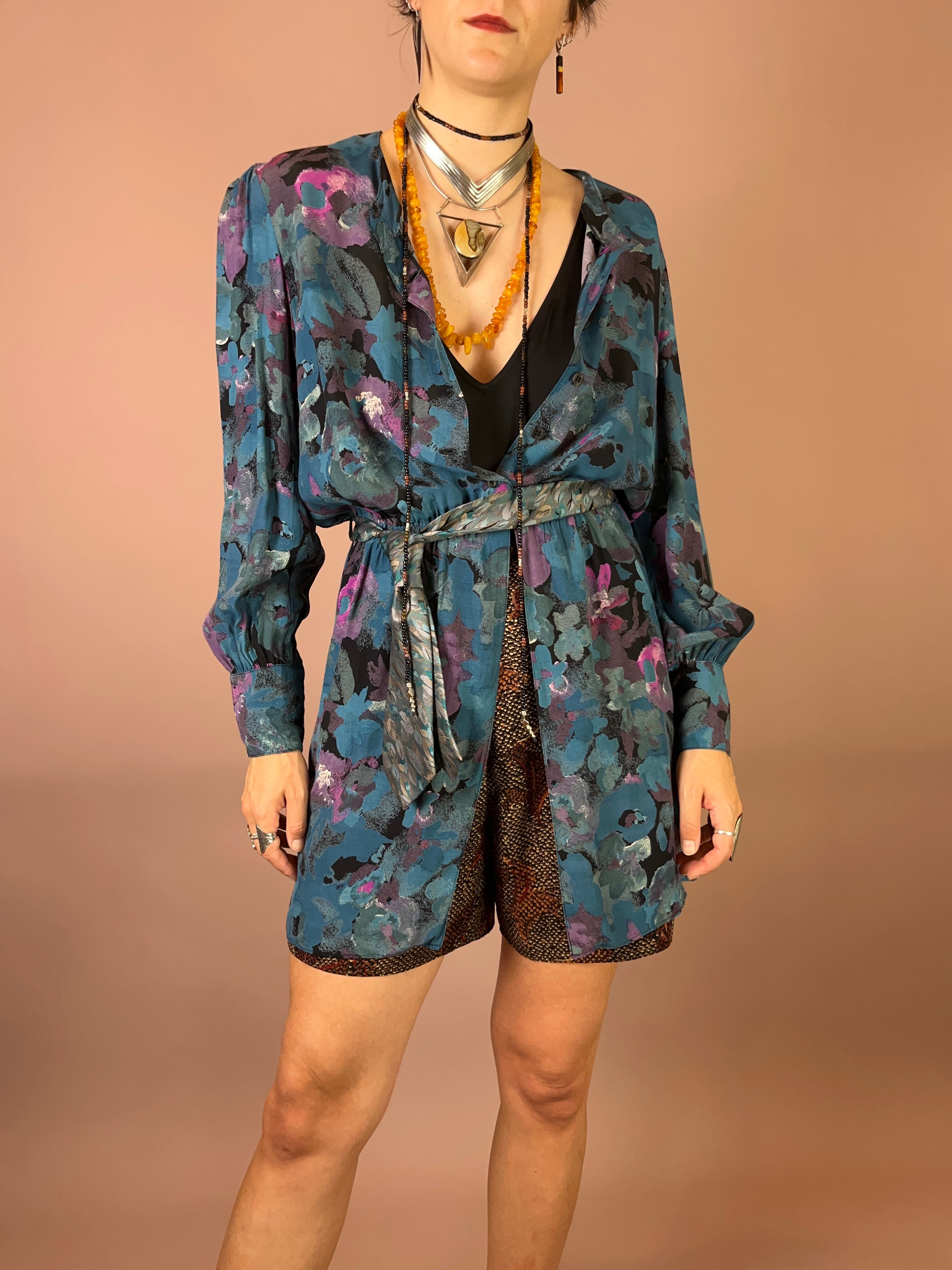 Viskosebluse Upcycling Petrol Blumen Puffärmel Gr. 38