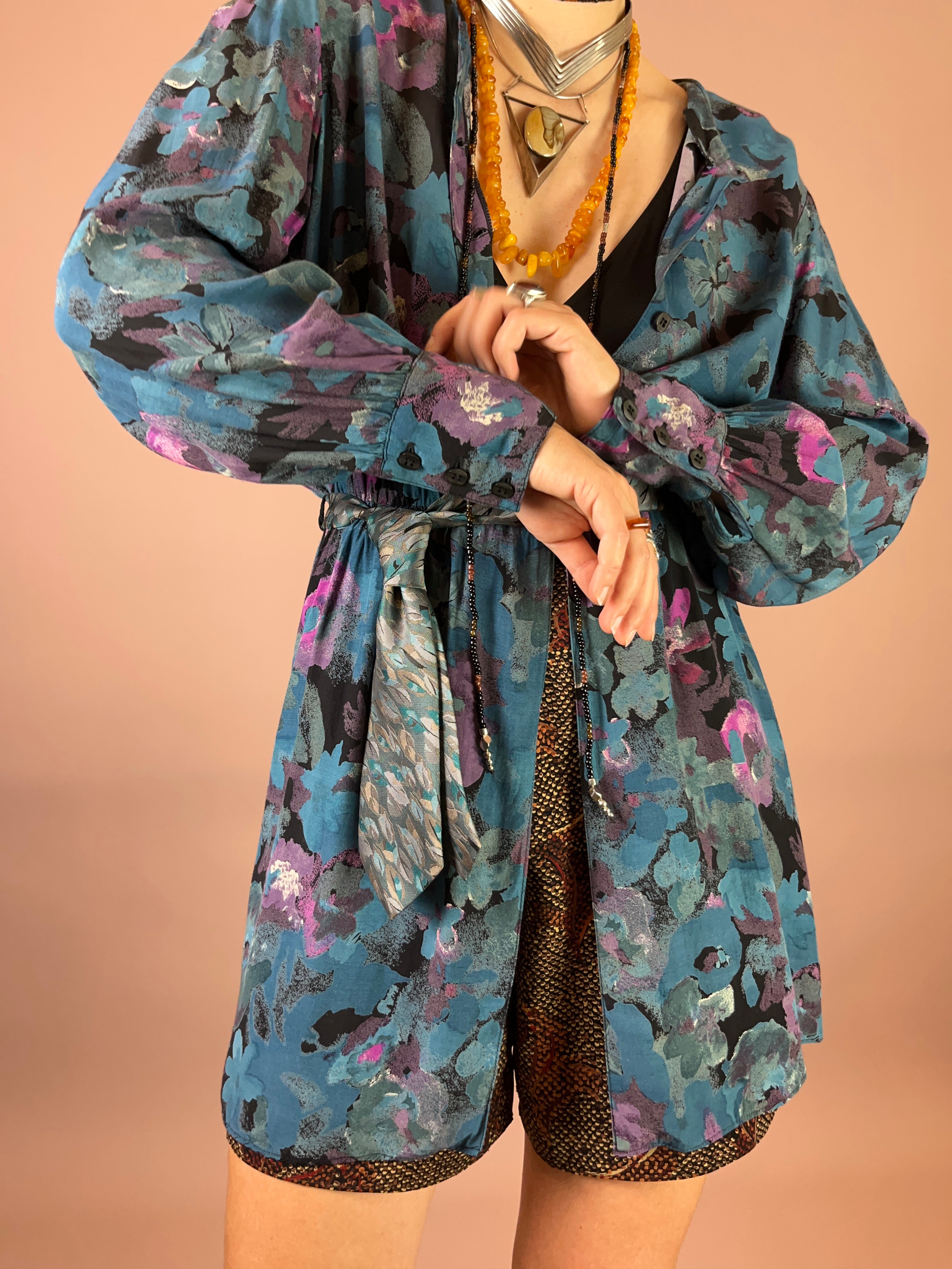 Viskosebluse Upcycling Petrol Blumen Puffärmel Gr. 38