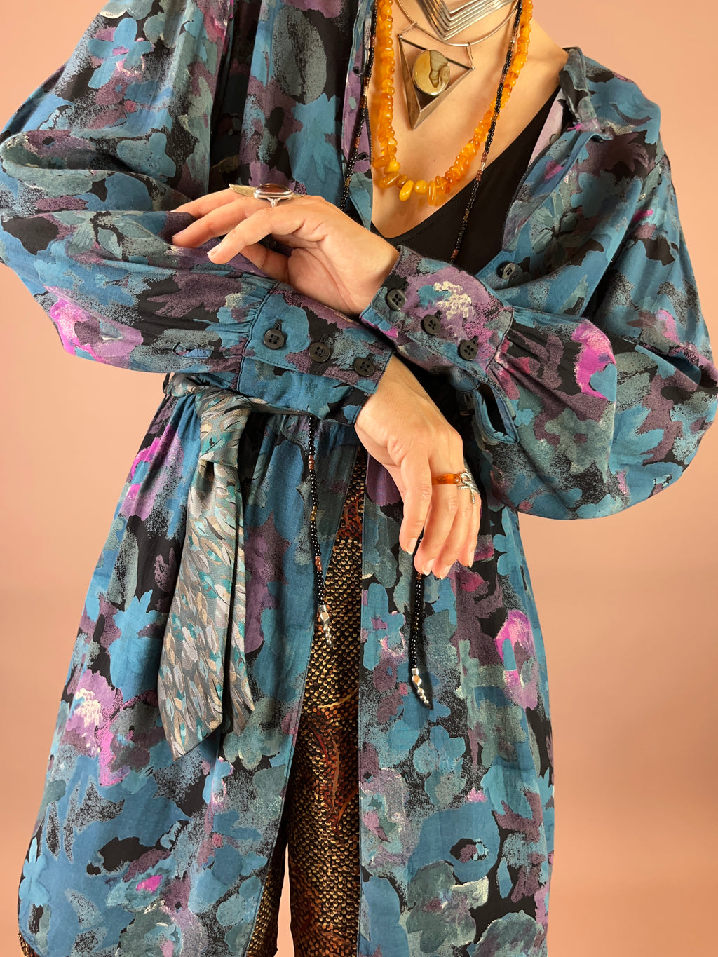 Viskosebluse Upcycling Petrol Blumen Puffärmel Gr. 38
