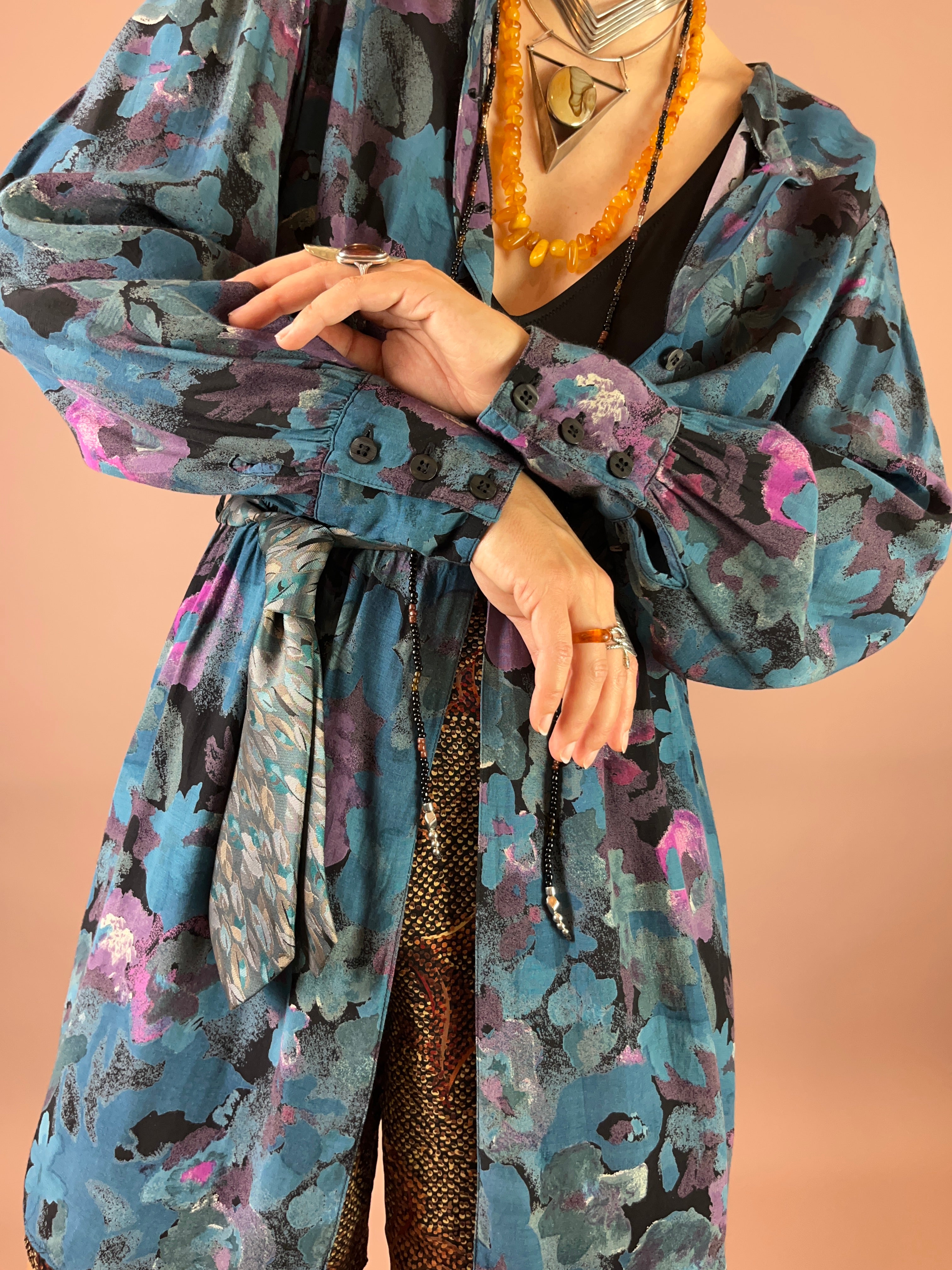 Viskosebluse Upcycling Petrol Blumen Puffärmel Gr. 38