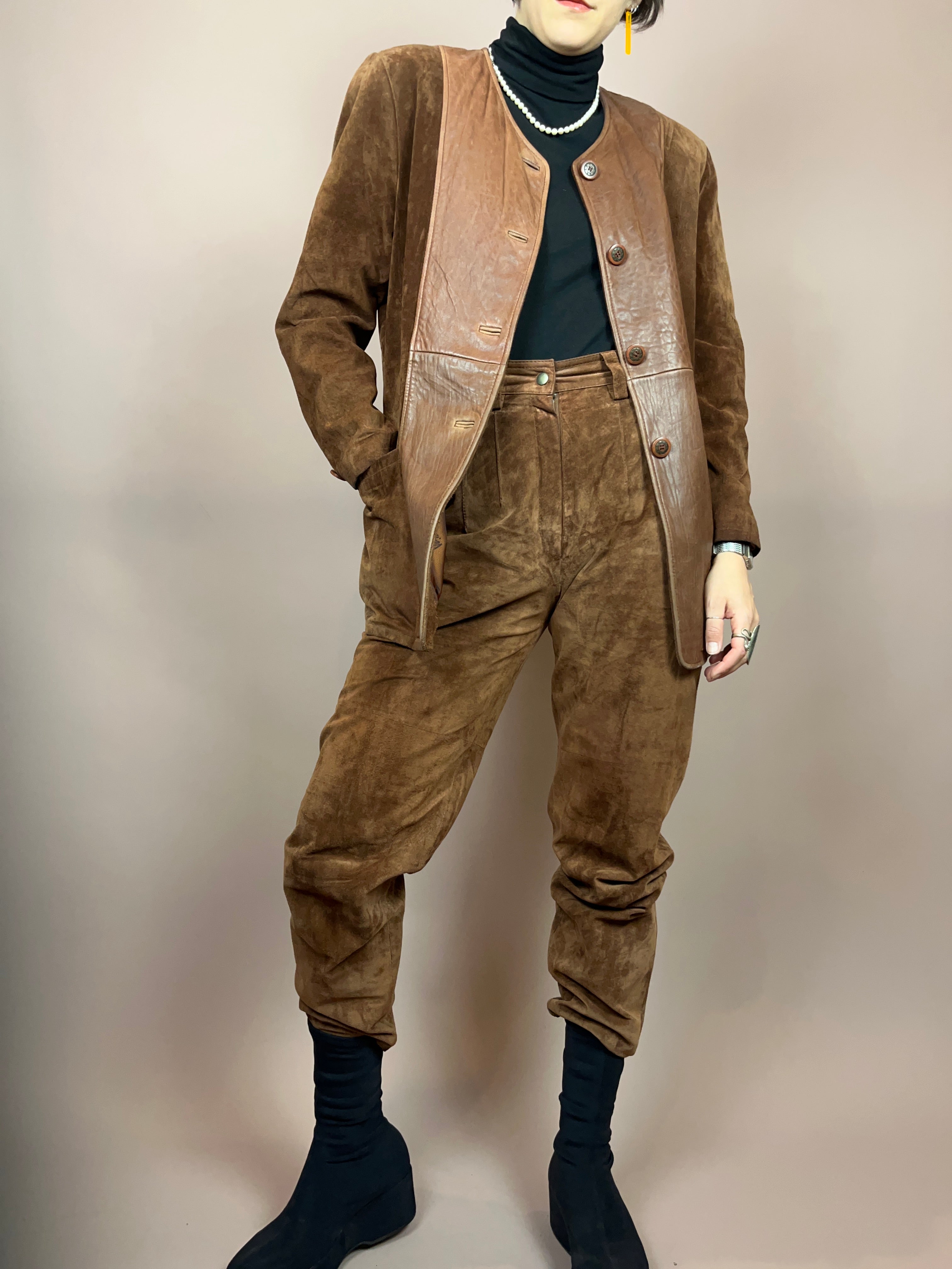 Set Leder Braun Jacke Hose Gr. 36/38