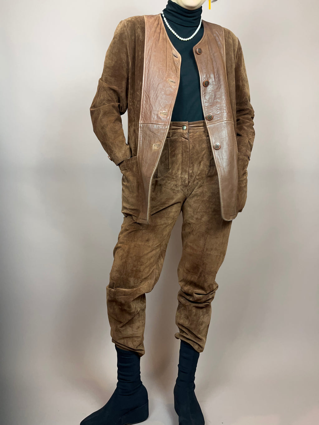 Set Leder Braun Jacke Hose Gr. 36/38