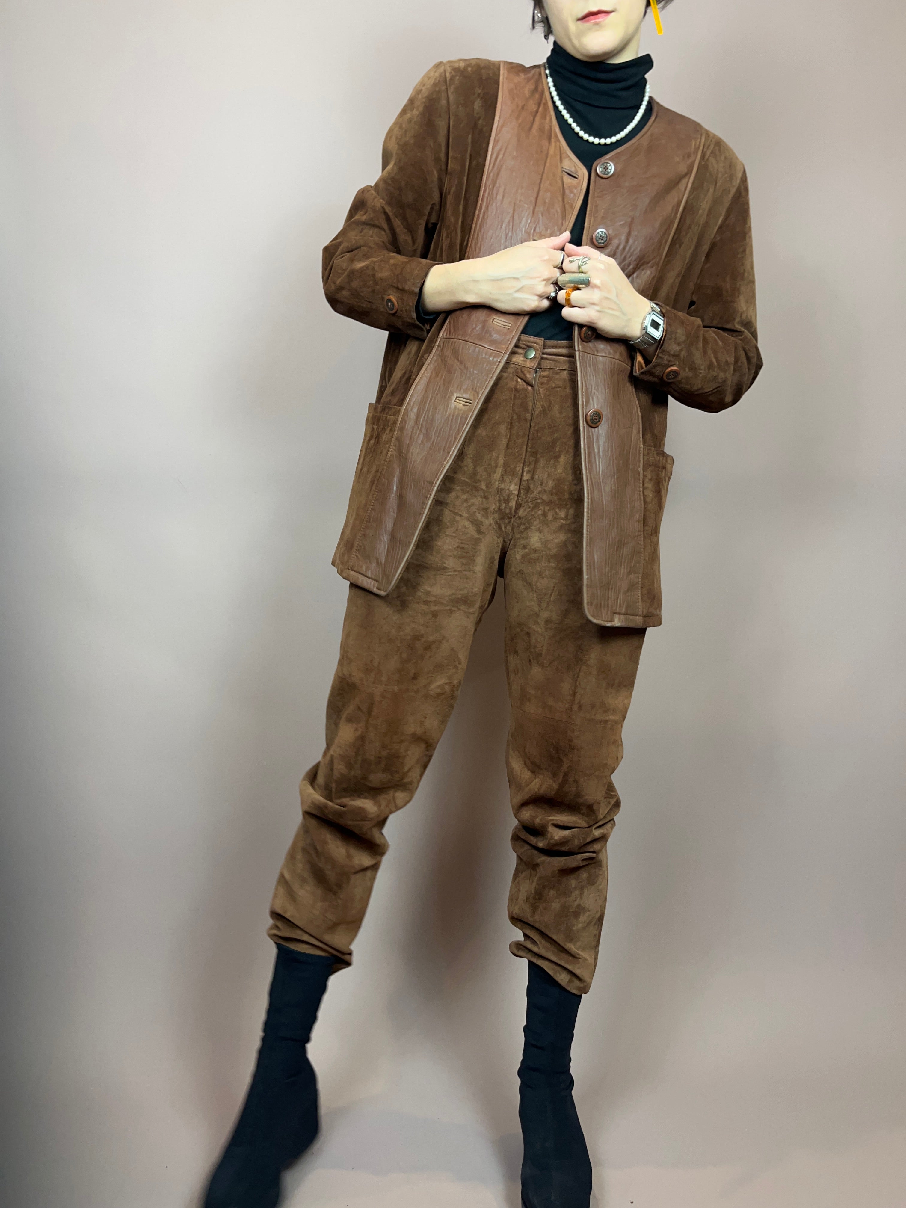 Set Leder Braun Jacke Hose Gr. 36/38