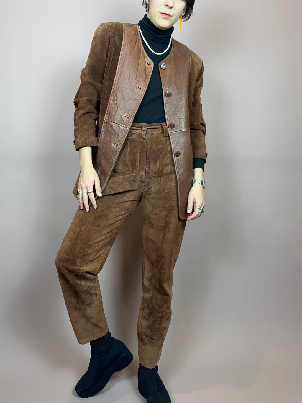 Set Leder Braun Jacke Hose Gr. 36/38