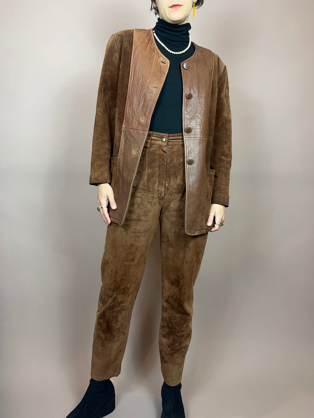 Set Leder Braun Jacke Hose Gr. 36/38