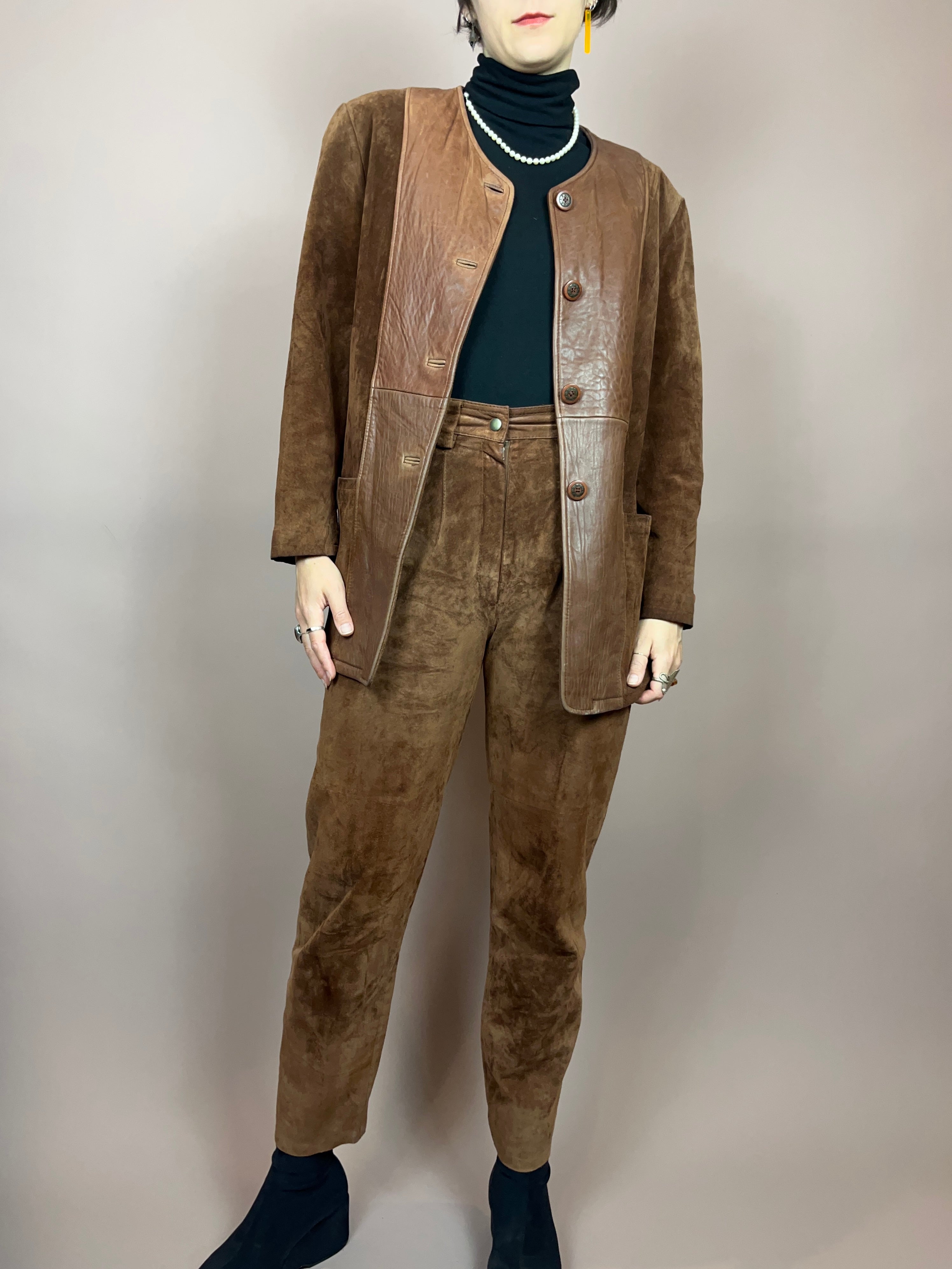Set Leder Braun Jacke Hose Gr. 36/38