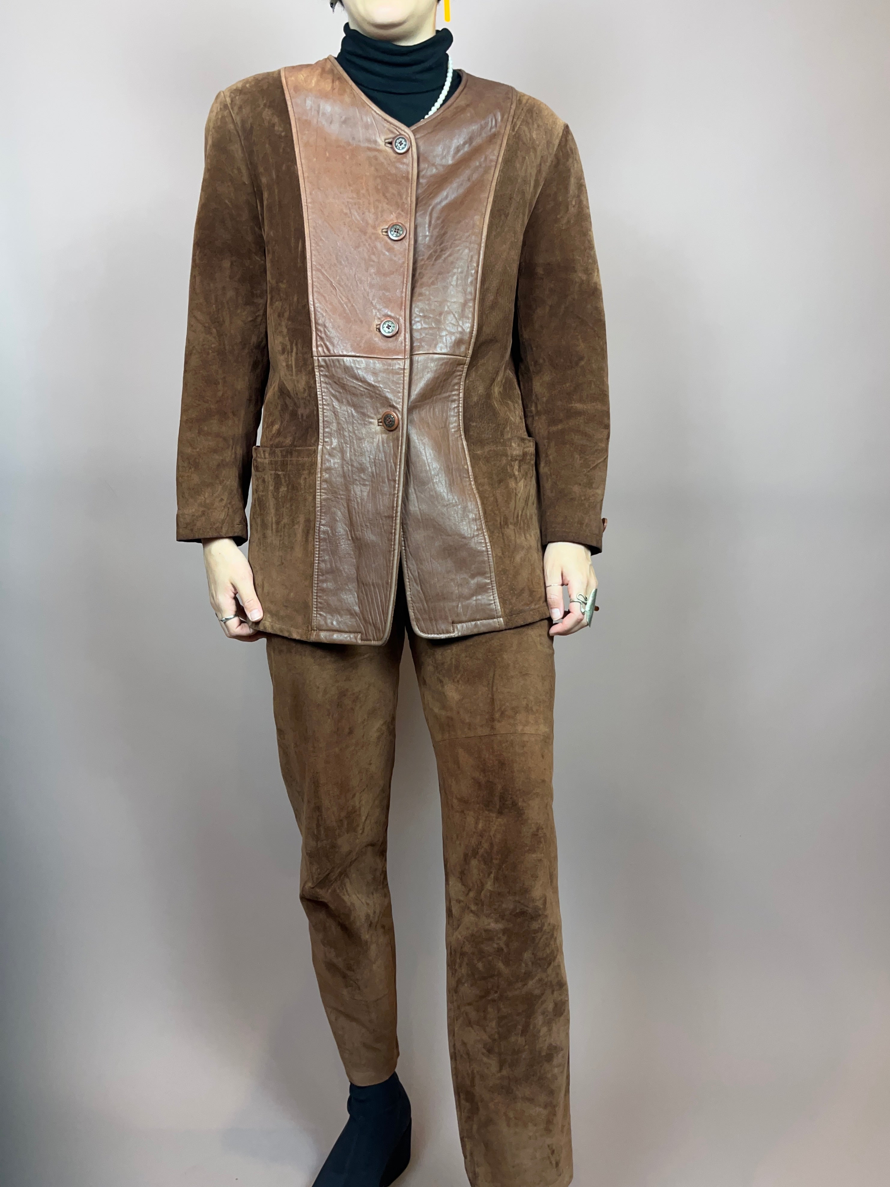 Set Leder Braun Jacke Hose Gr. 36/38