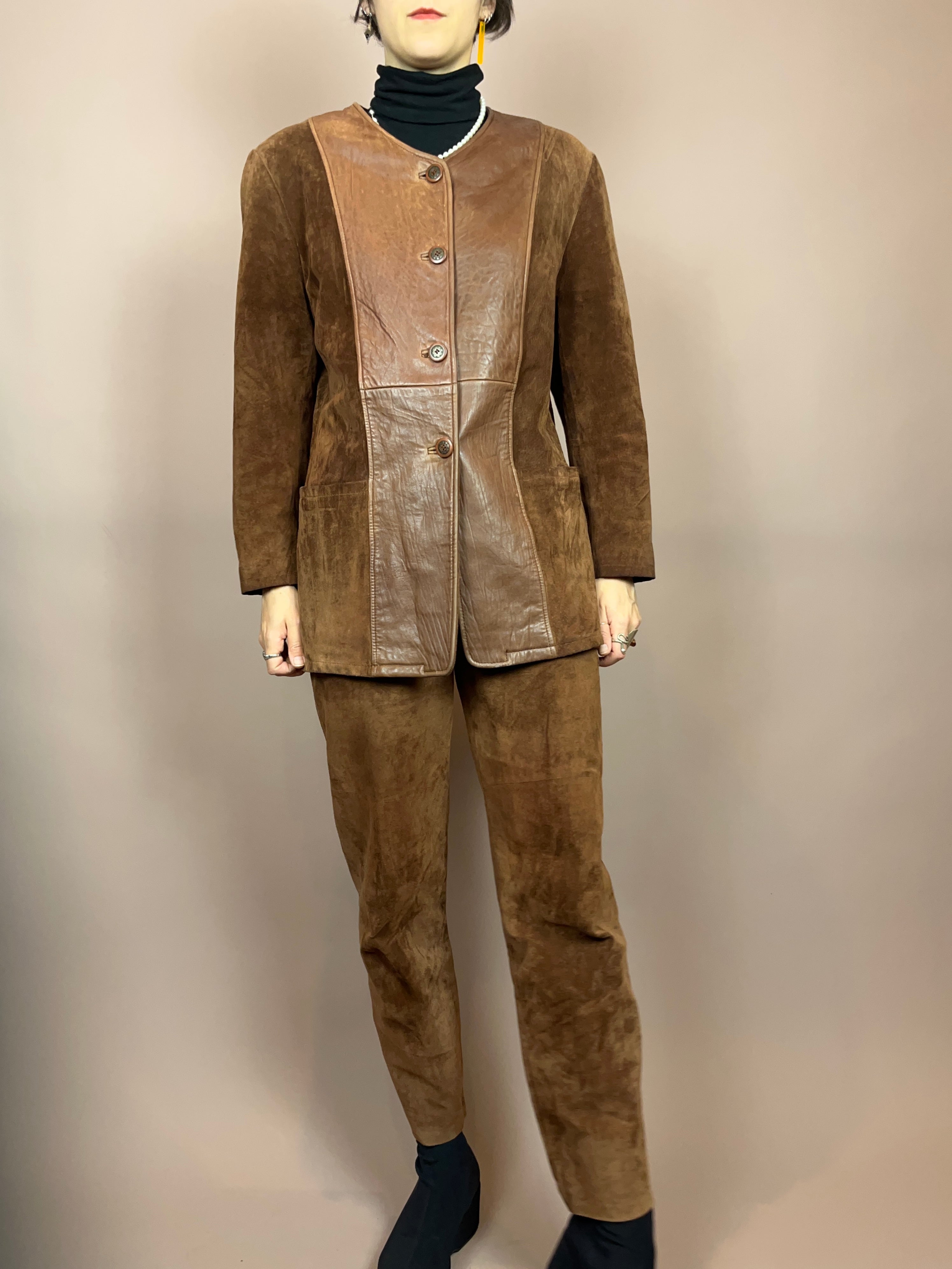 Set Leder Braun Jacke Hose Gr. 36/38
