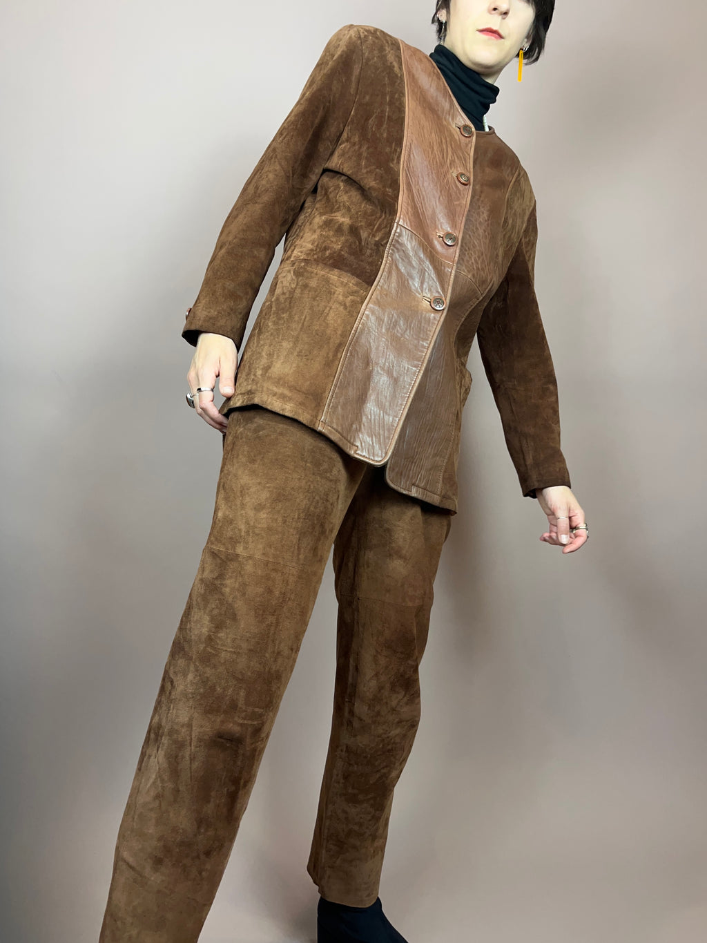 Set Leder Braun Jacke Hose Gr. 36/38