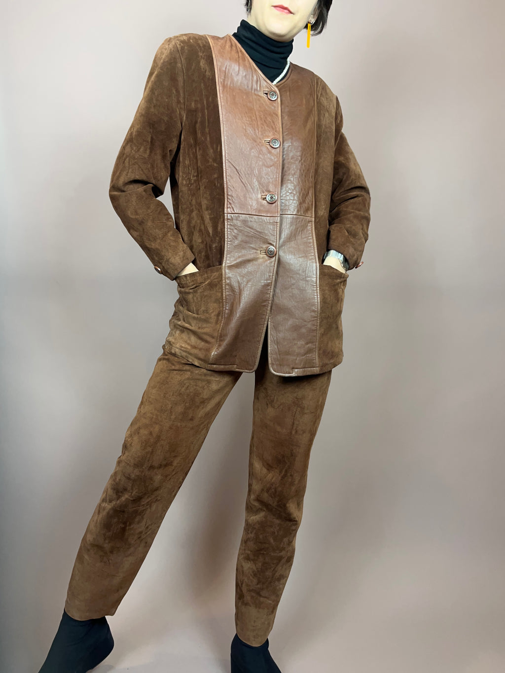 Set Leder Braun Jacke Hose Gr. 36/38