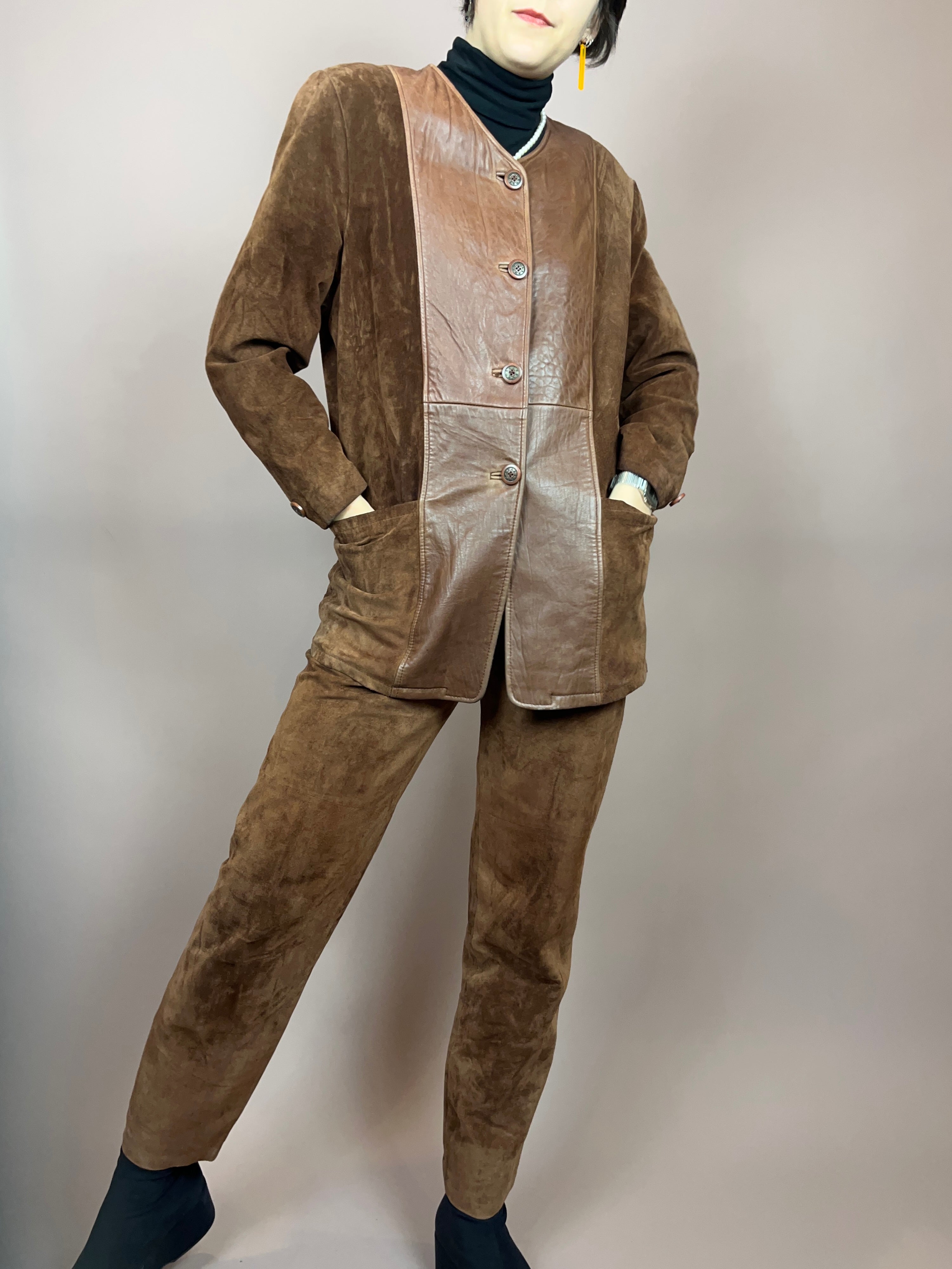 Set Leder Braun Jacke Hose Gr. 36/38