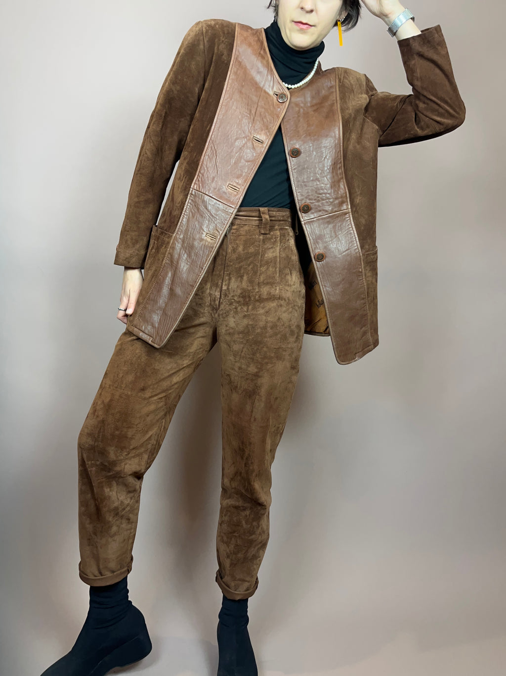 Set Leder Braun Jacke Hose Gr. 36/38