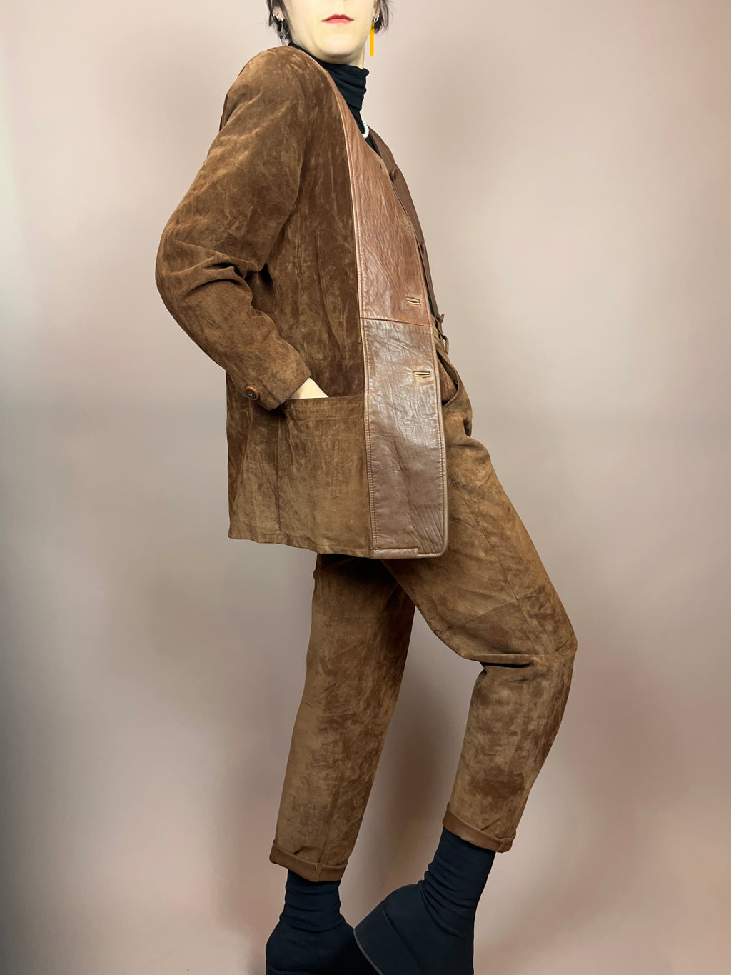 Set Leder Braun Jacke Hose Gr. 36/38
