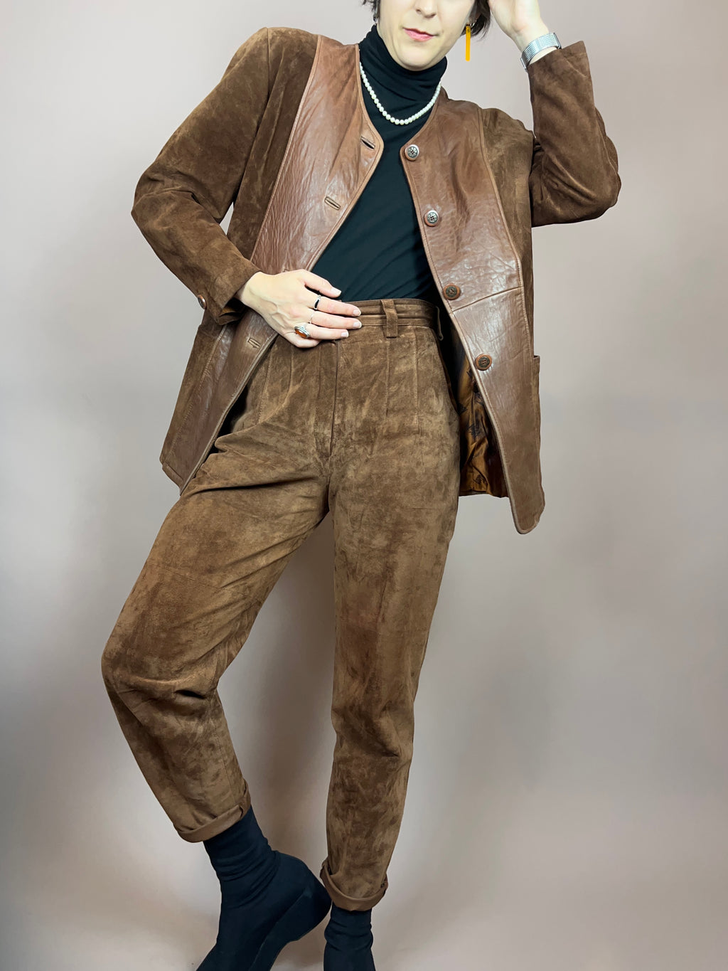 Set Leder Braun Jacke Hose Gr. 36/38