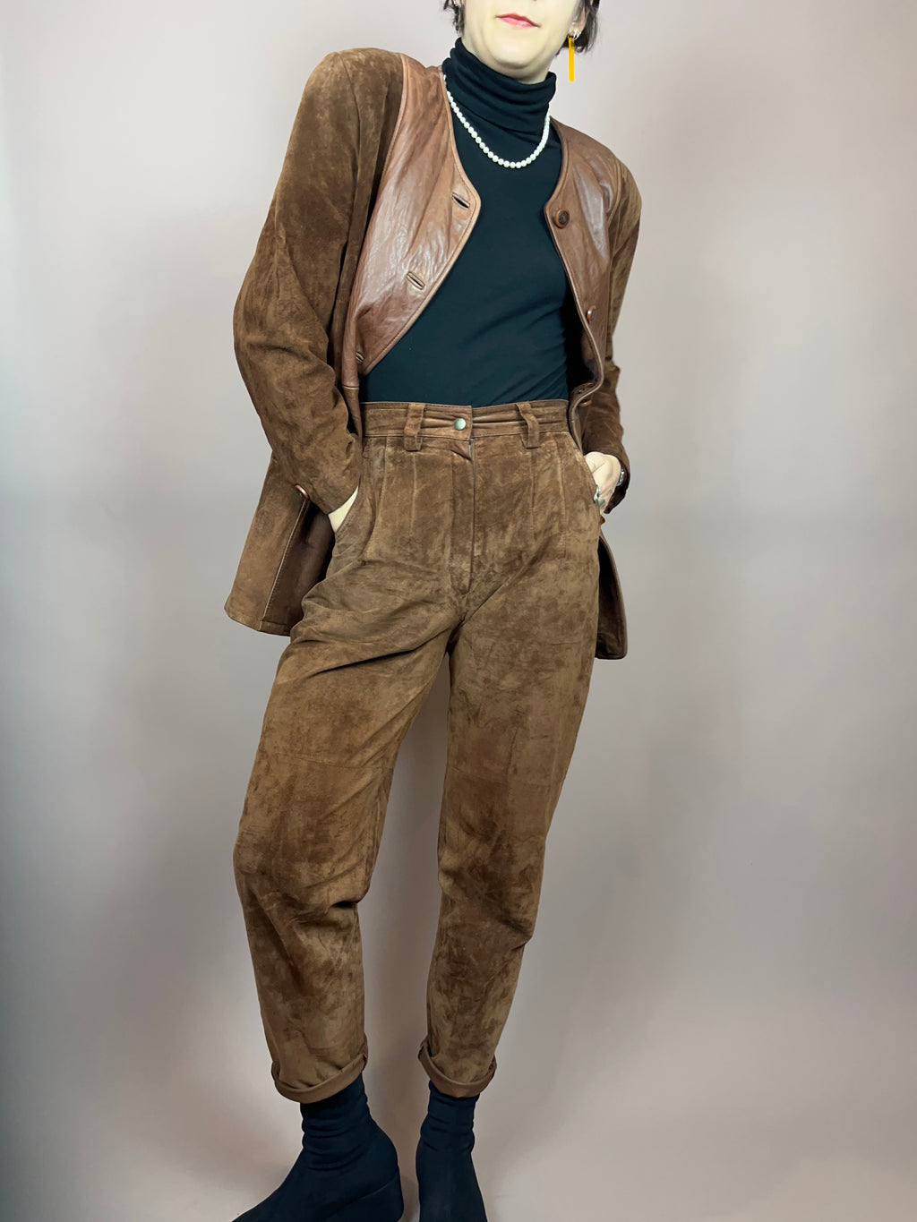 Set Leder Braun Jacke Hose Gr. 36/38