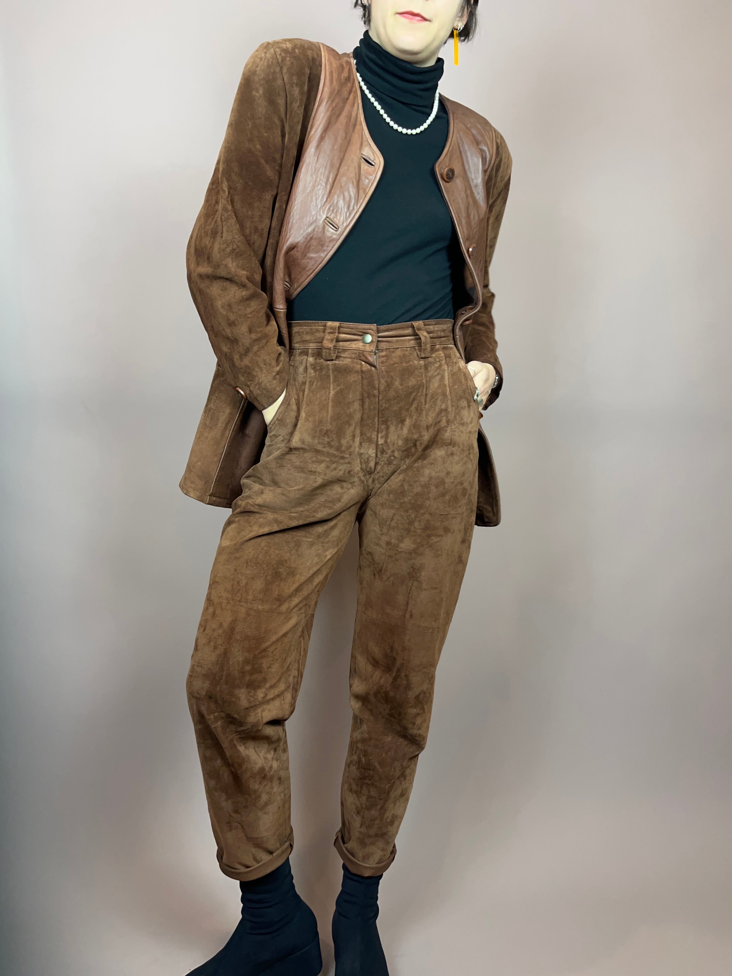 Set Leder Braun Jacke Hose Gr. 36/38