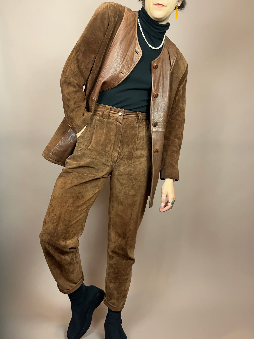 Set Leder Braun Jacke Hose Gr. 36/38