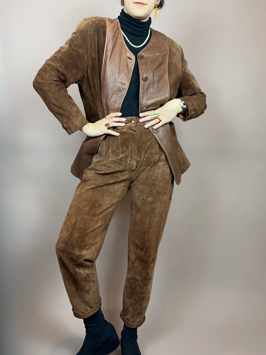 Set Leder Braun Jacke Hose Gr. 36/38
