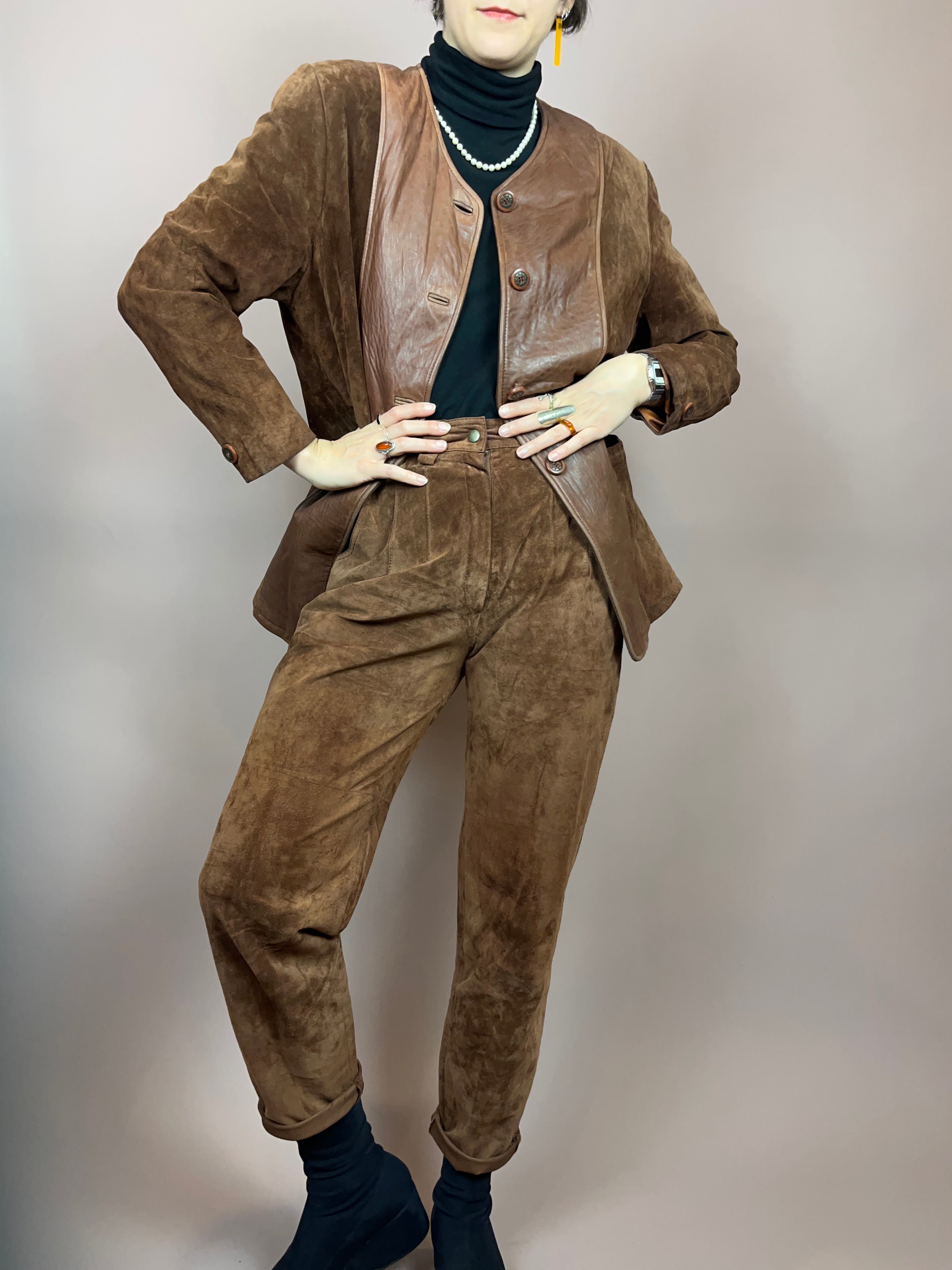 Set Leder Braun Jacke Hose Gr. 36/38