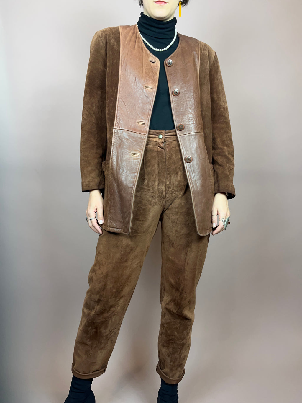 Set Leder Braun Jacke Hose Gr. 36/38