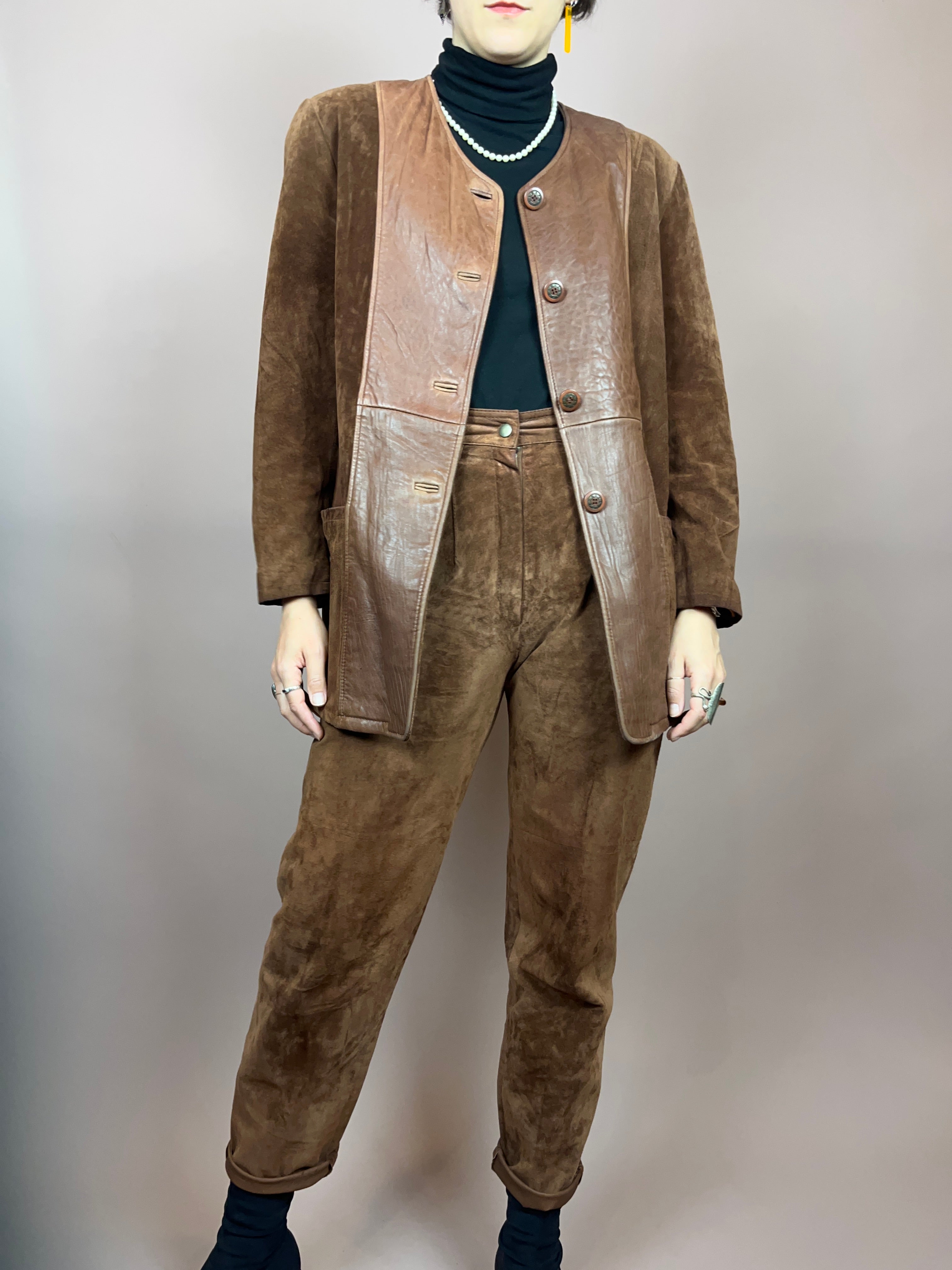 Set Leder Braun Jacke Hose Gr. 36/38