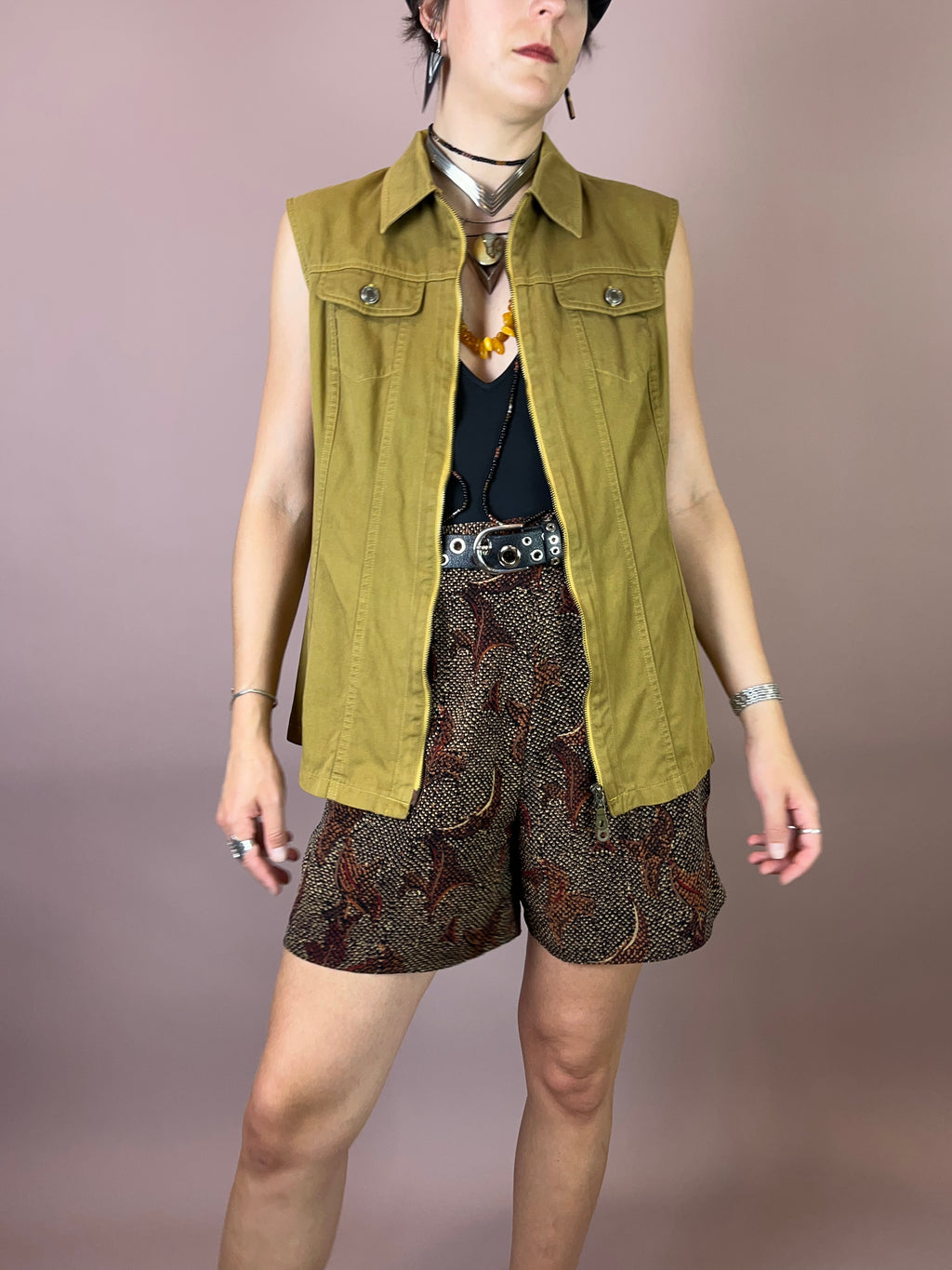 Jeansweste Khaki Senf Zipper Gr. 38