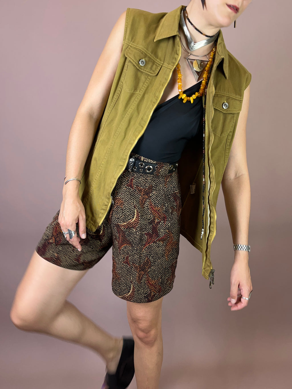 Jeansweste Khaki Senf Zipper Gr. 38