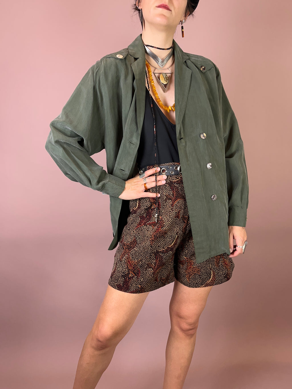 Blazer Bluse Seidig Khaki Gr. 38