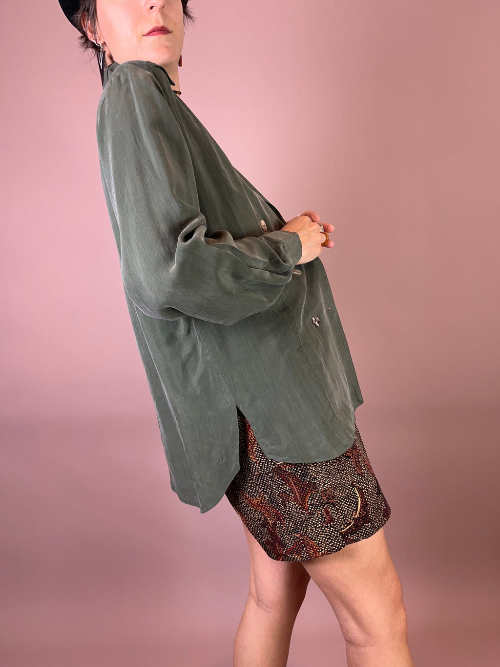 Blazer Bluse Seidig Khaki Gr. 38