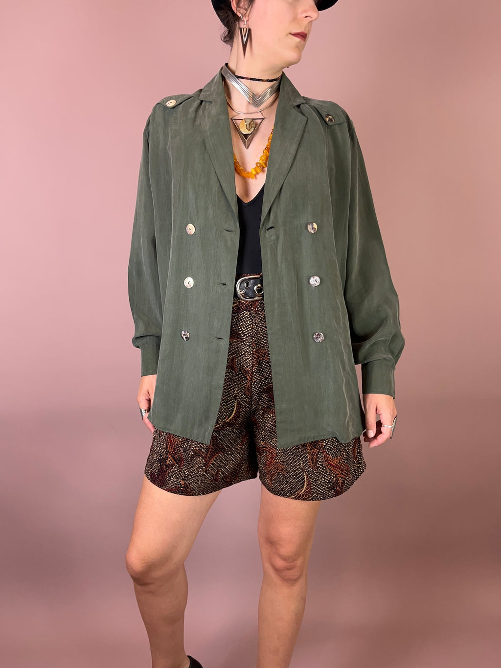 Blazer Bluse Seidig Khaki Gr. 38