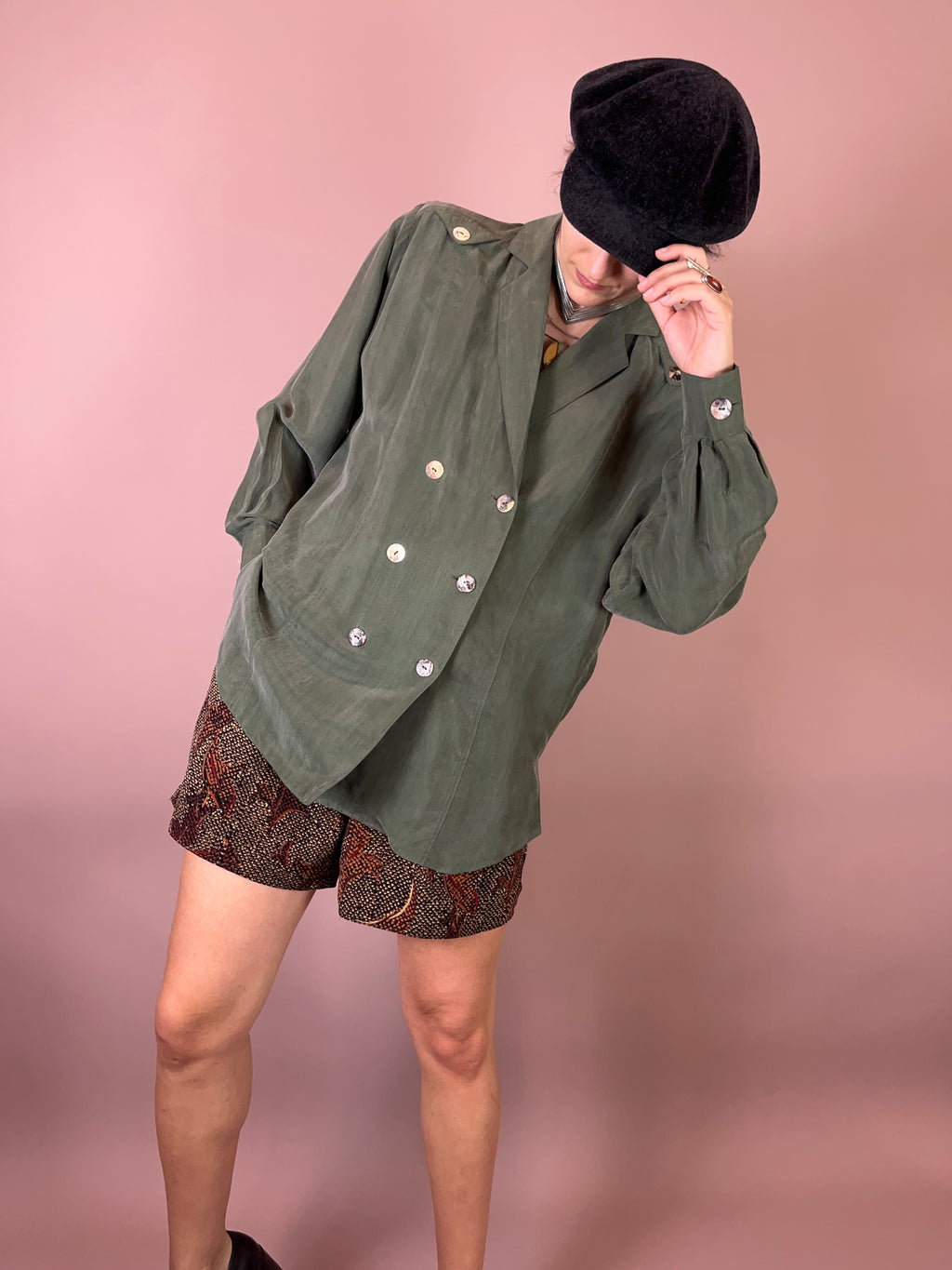 Blazer Bluse Seidig Khaki Gr. 38