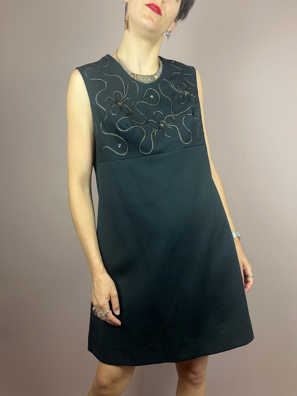 Dress Black Gold Flowers 70s Gr. 40