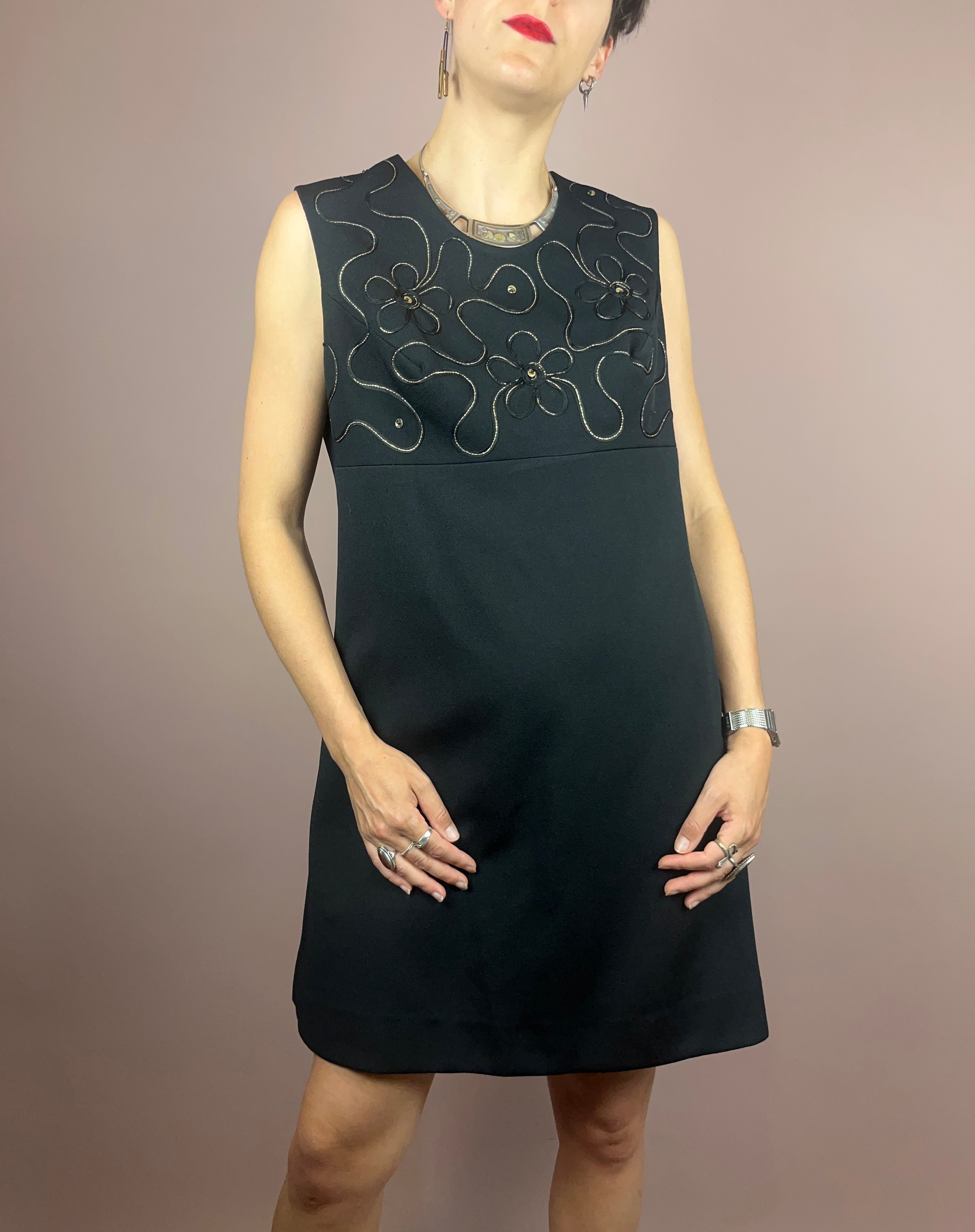Dress Black Gold Flowers 70s Gr. 40