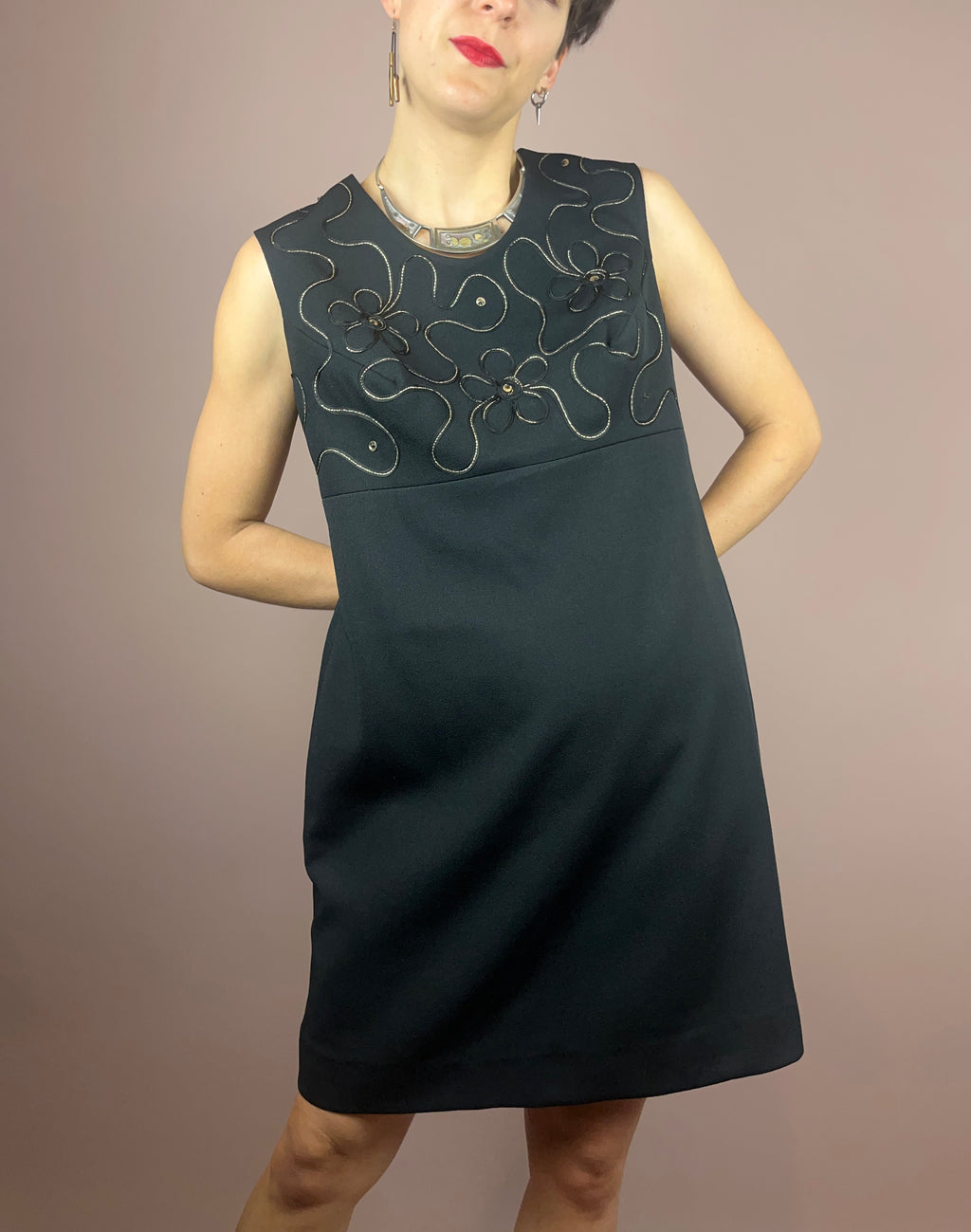 Dress Black Gold Flowers 70s Gr. 40