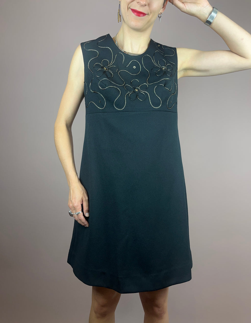 Dress Black Gold Flowers 70s Gr. 40