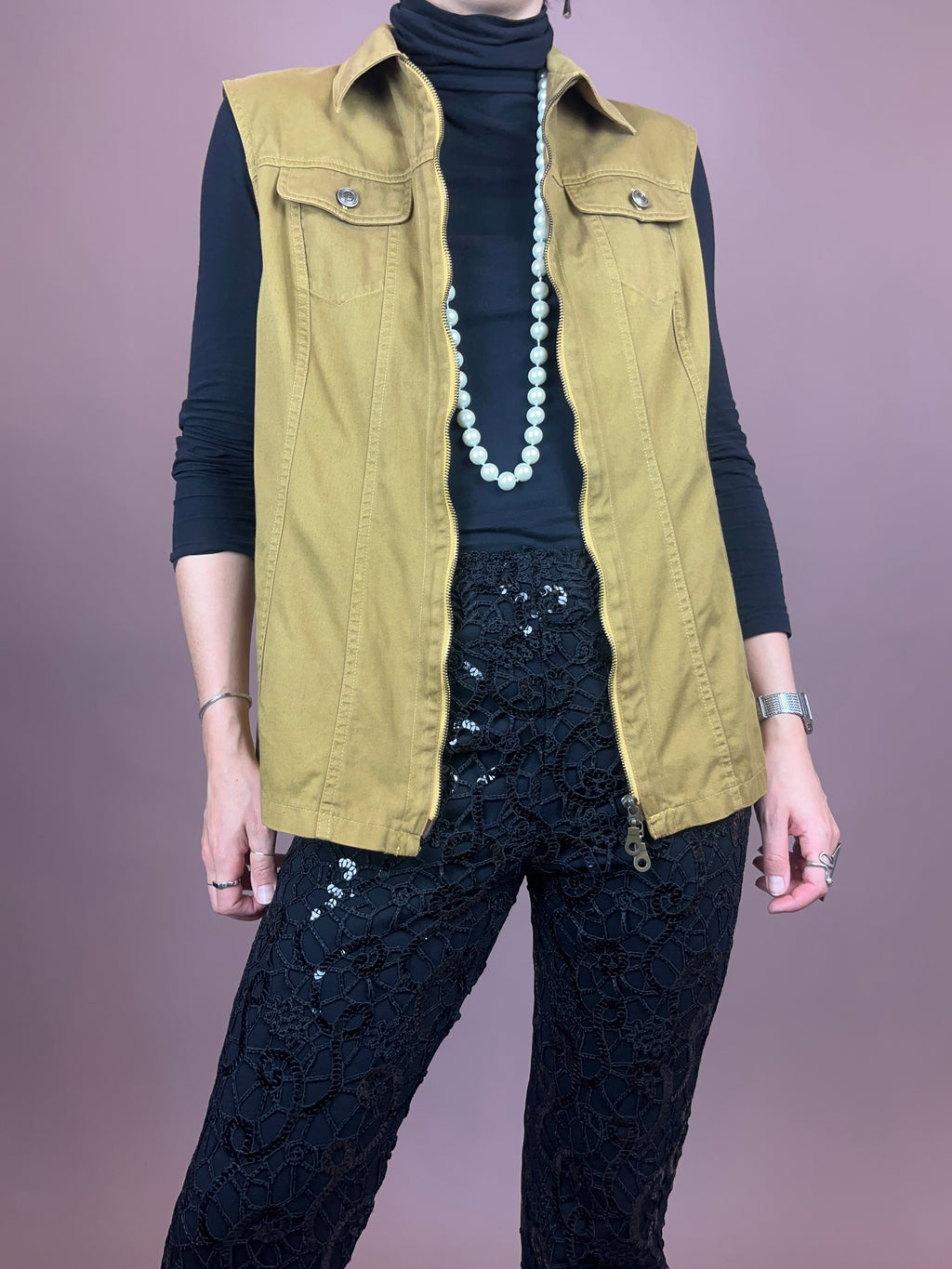 Jeansweste Khaki Senf Zipper Gr. 38