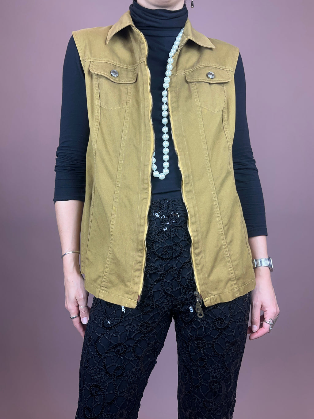 Jeansweste Khaki Senf Zipper Gr. 38