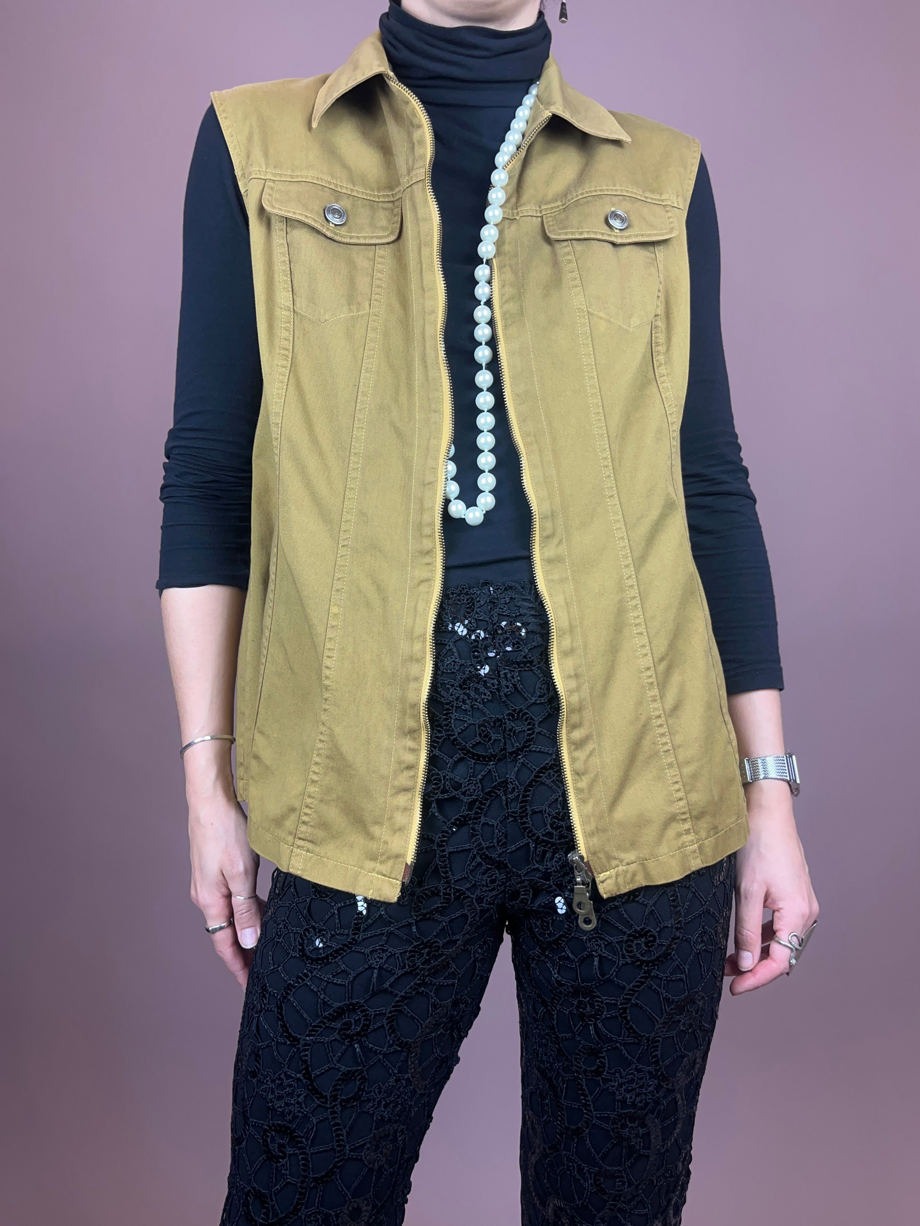 Jeansweste Khaki Senf Zipper Gr. 38