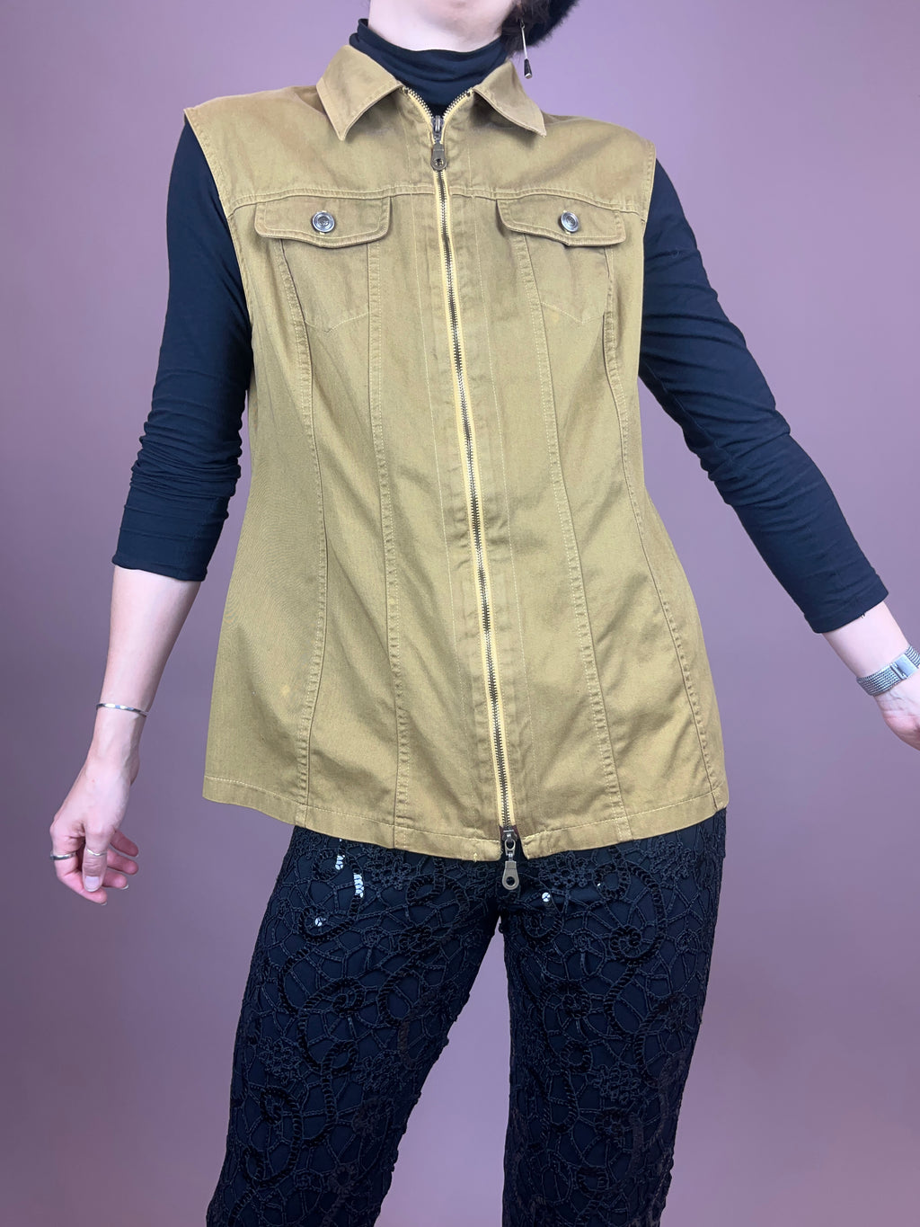 Jeansweste Khaki Senf Zipper Gr. 38